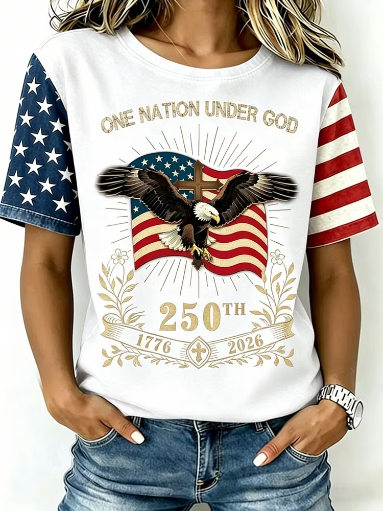 Women Eagle Cross One Nation Under God USA Flag Spliced Sleeve Vintage Washed T-Shirt
