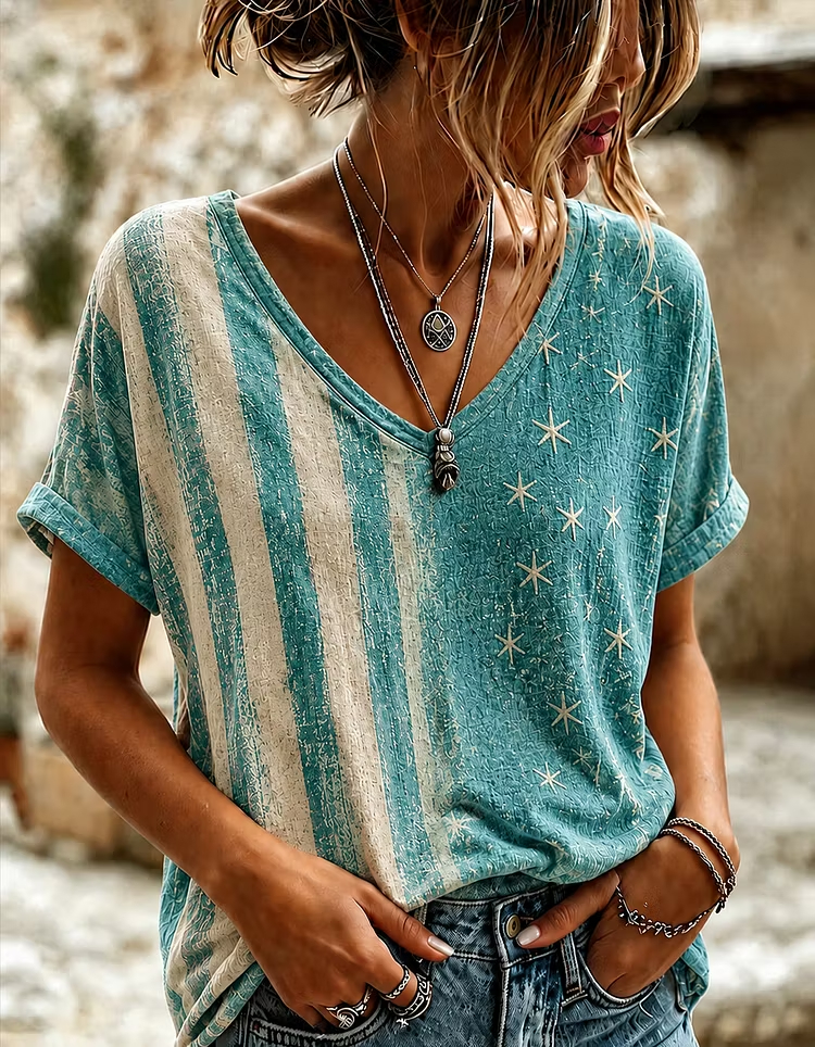 Retro Distressed Textured Patriotic Star Stripes Loose Fit Ladies Summer Top
