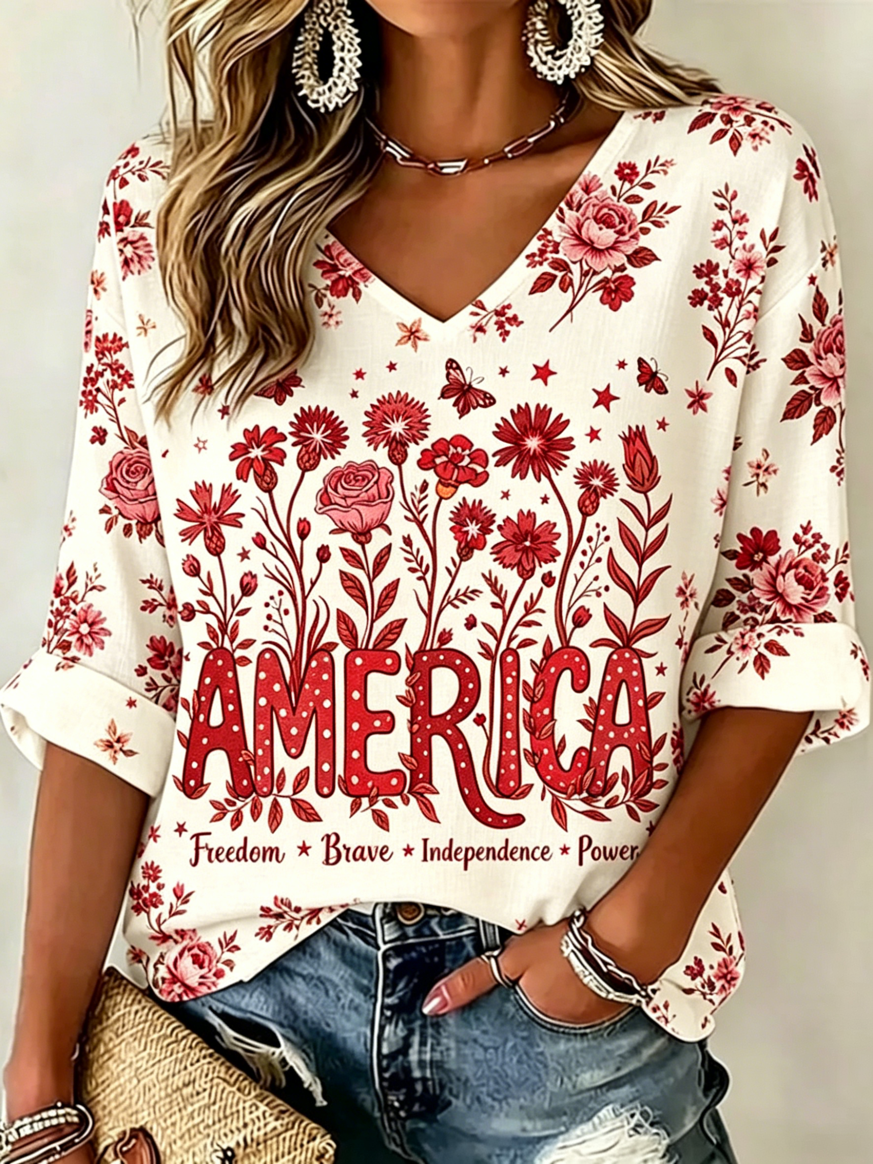Boho Patriotic Floral America Print Blouse, Casual V-Neck 3/4 Sleeve Shirt