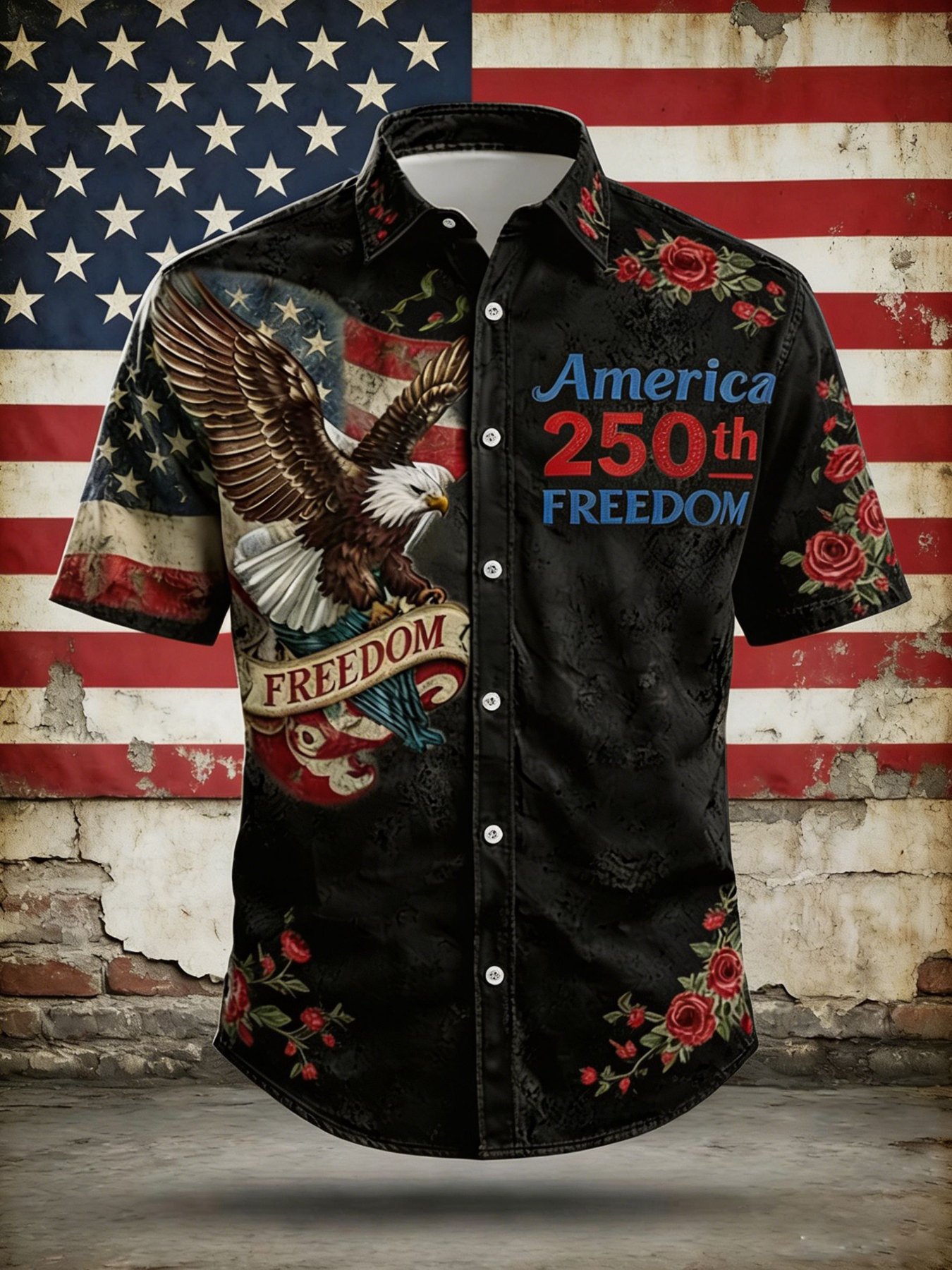 America 250th Freedom Vintage Button-Down Shirt – Eagle & American Flag Print with Floral Accents, Patriotic Short Sleeve Casual Top