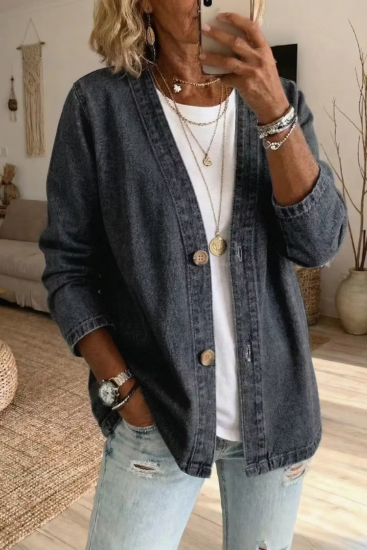 Women V Neck Long Sleeve Denim Cardigan Jacket With Pockets