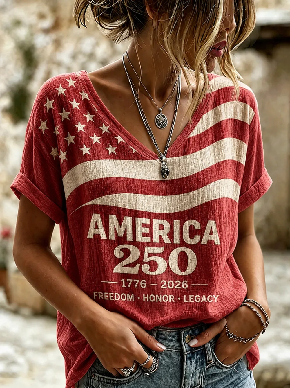Women Crinkled Textured USA Flag America 250 Patriotic V Neck Short Sleeve T-Shirt