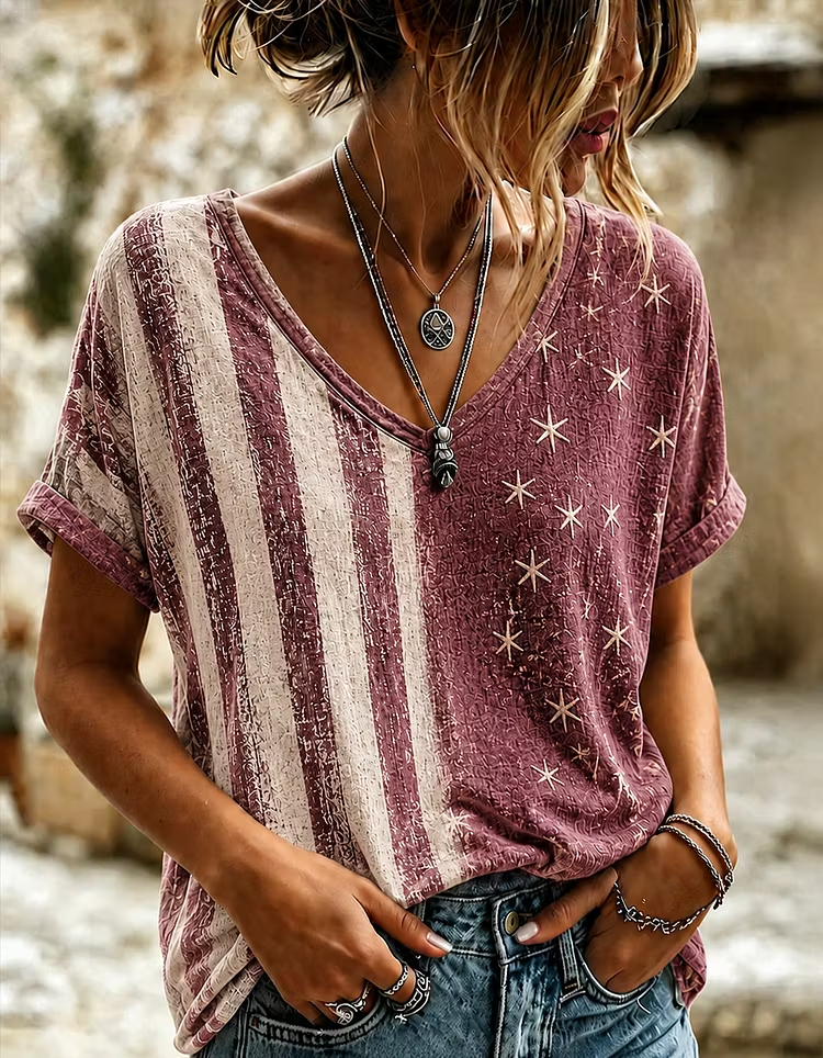 Retro Distressed Textured Patriotic Star Stripes Loose Fit Ladies Summer Top