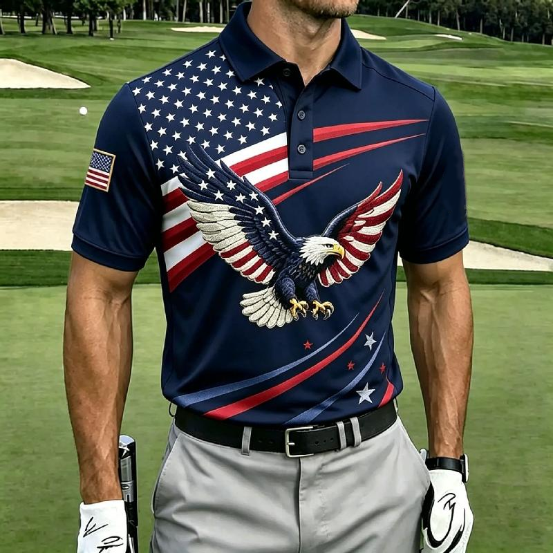 Bald Eagle Split Star Stripe Print Contrast Collar Golf Polo Shirt for Men