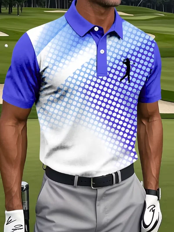 Men’s Collared Raglan Short Sleeve Gradient Dot Golfer Silhouette Print Performance Golf Polo Shirt