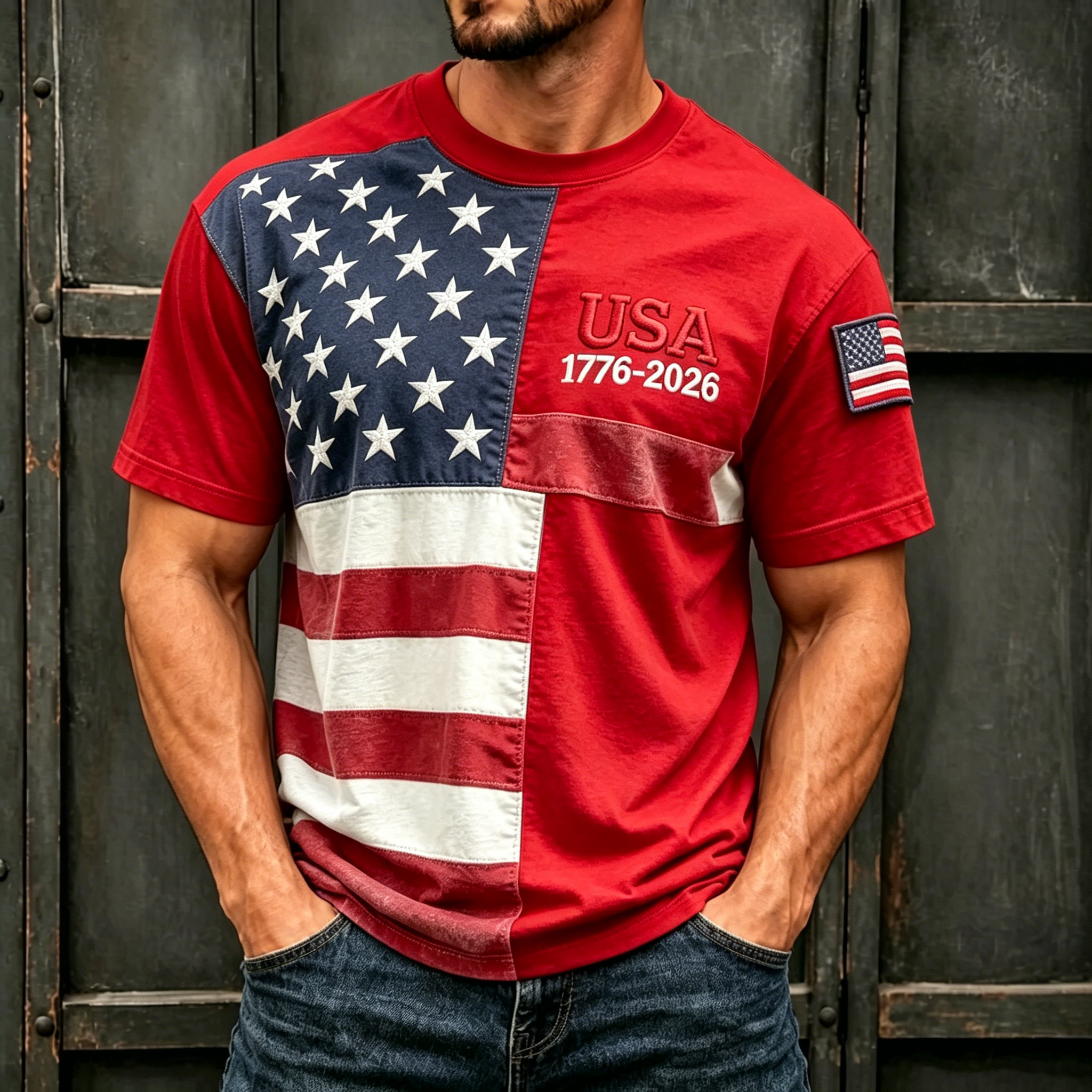 Men’s Patriotic USA 1776-2026 Patchwork Star Stripe Flag Embroidery Crew Neck Short Sleeve T-Shirt