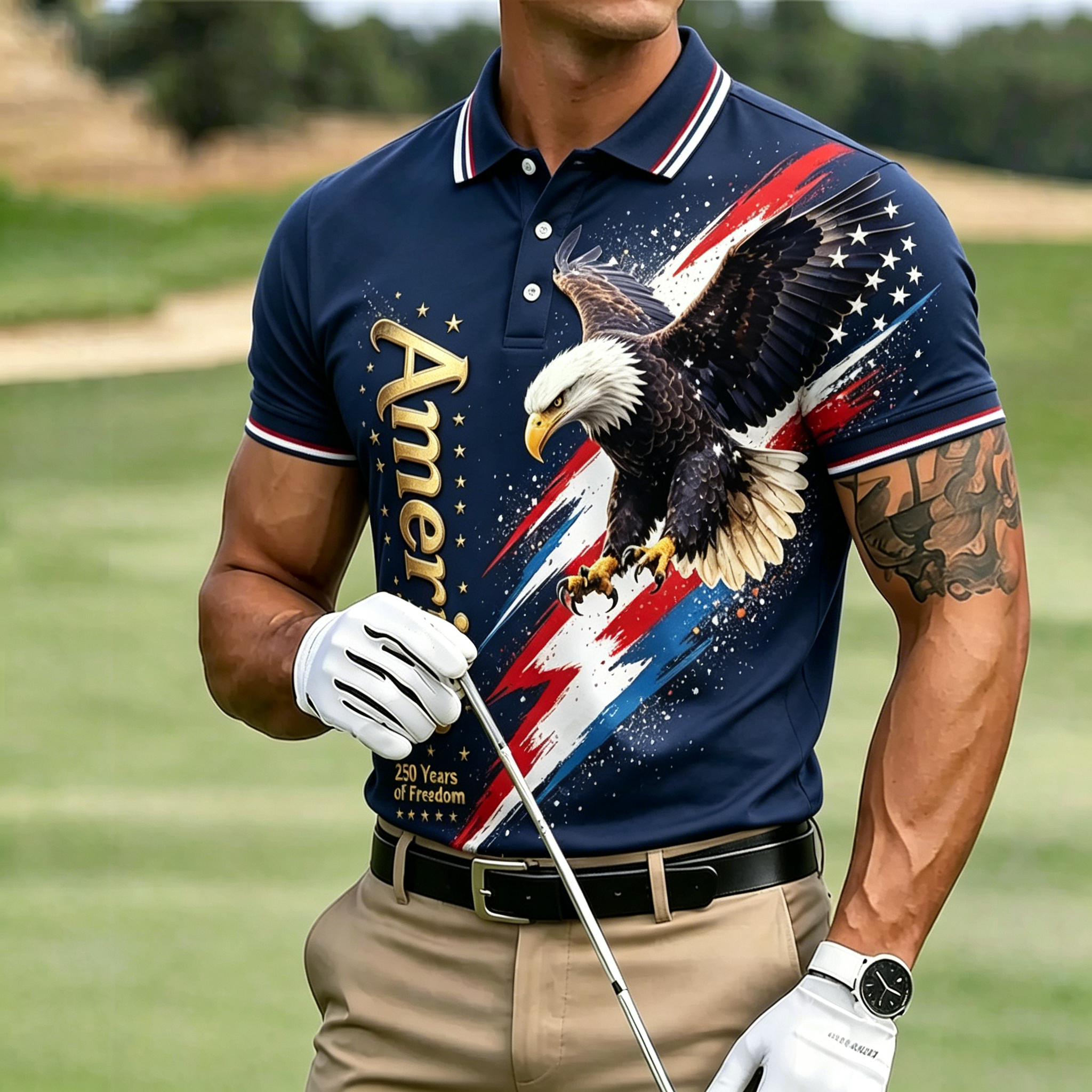 USA Star Sleeve Badge Print Crew Neck Patriotic T-Shirt for Men