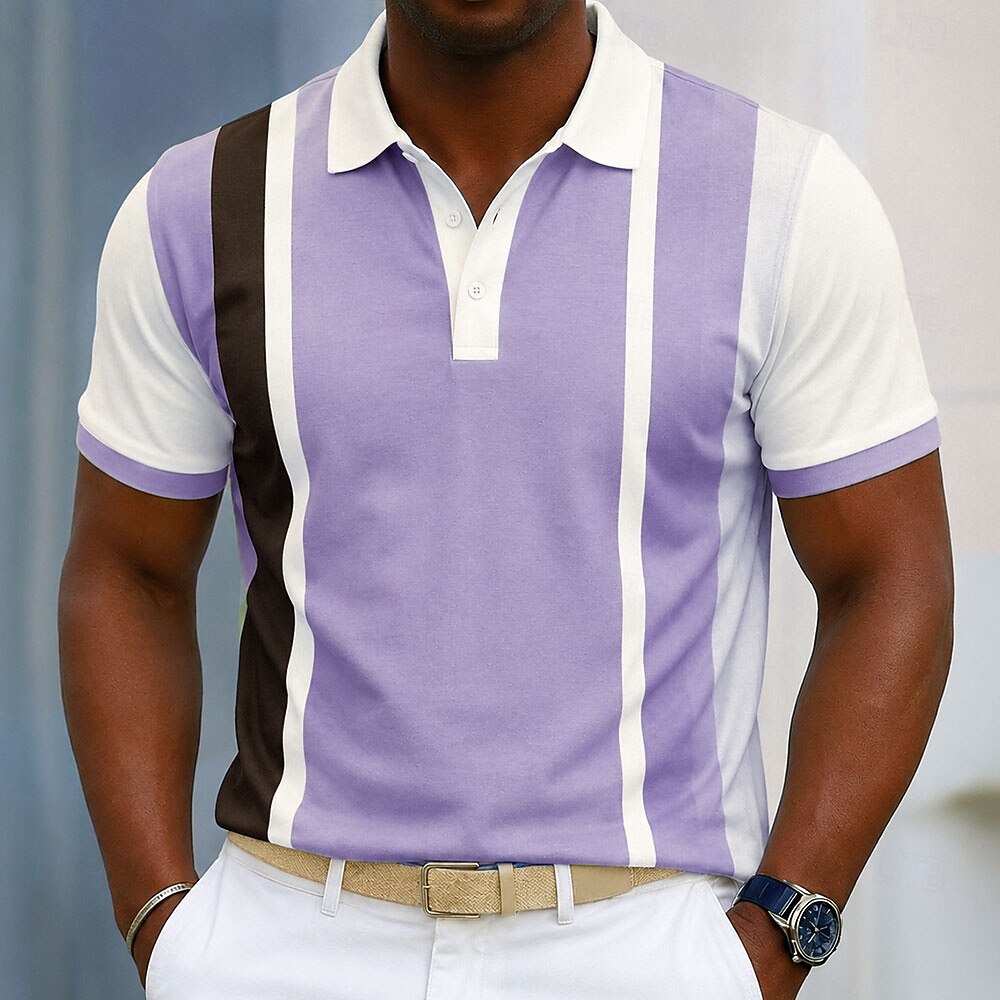 ertical Multi Stripe Color Block Contrast Collar Cuff Golf Polo Shirt for Men