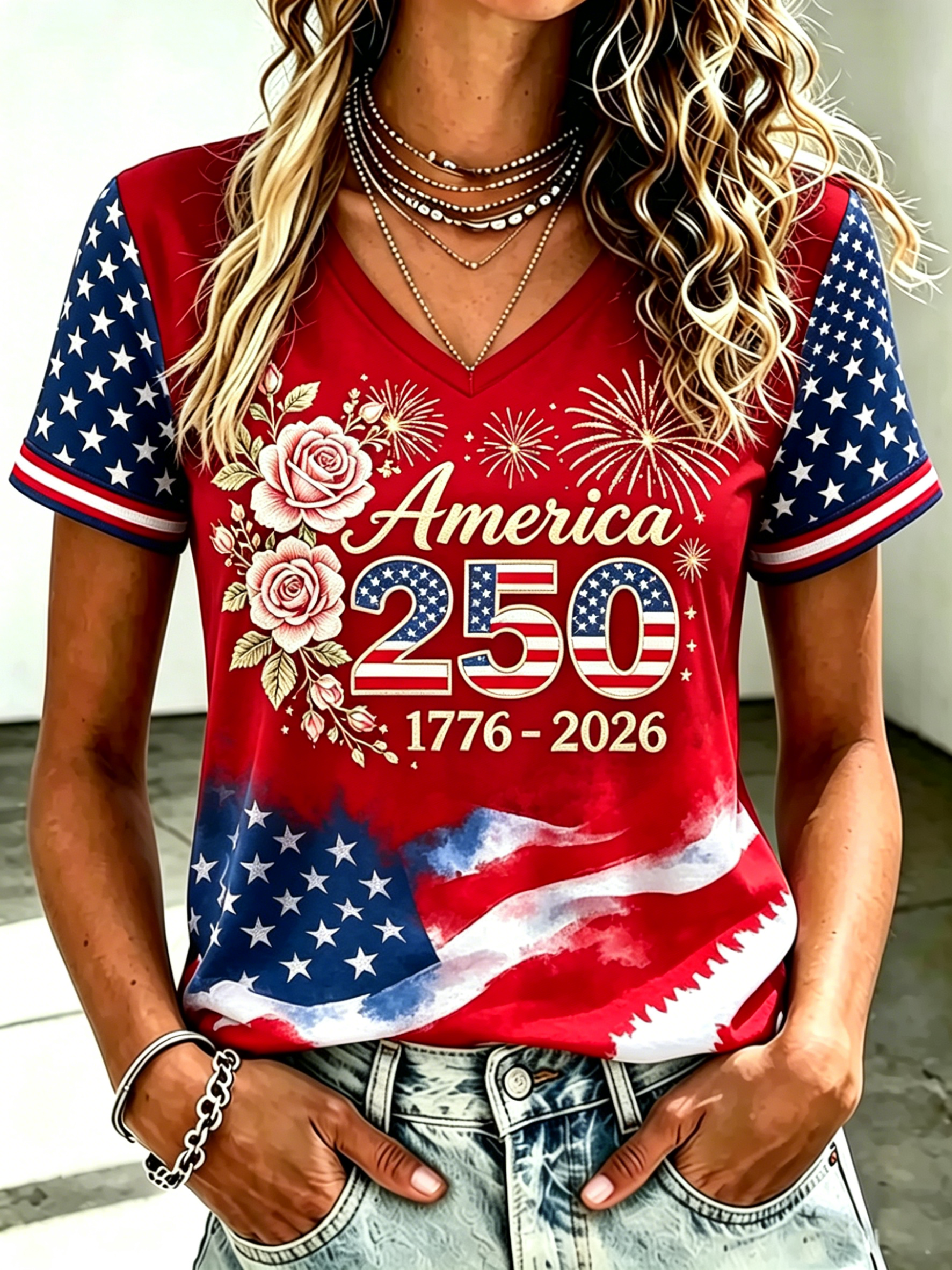 250th America Floral Star Sleeve V Neck Patriotic T-Shirt for Women