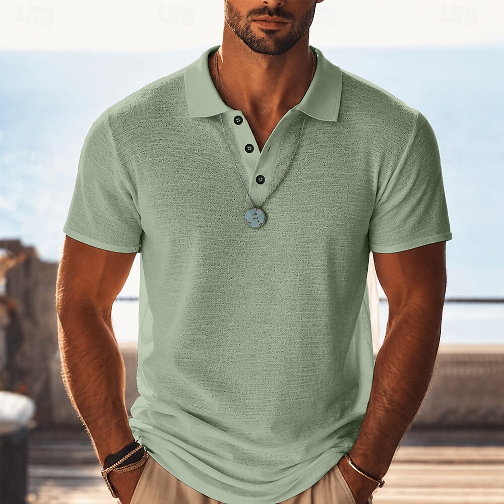 Waffle Knit Lapel Collar Short Sleeve Vacation Polo Shirt for Men