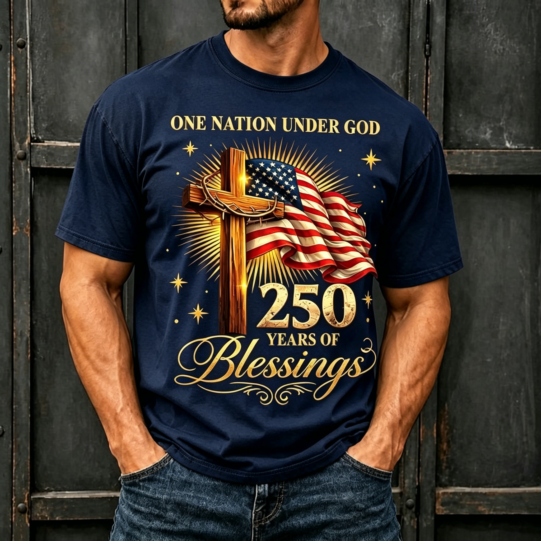 250 Years Blessings Cross Flag Faith Patriotic Crew Neck T-Shirt for Men