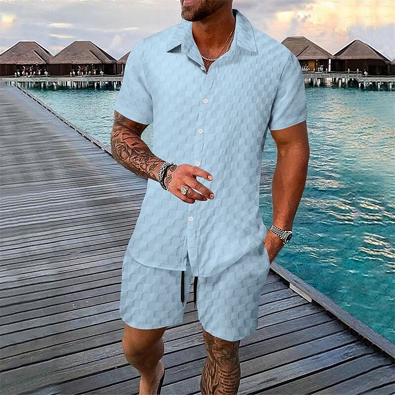 Grid Textured Matching Shirt Short Two Piece Vacation Set for Men