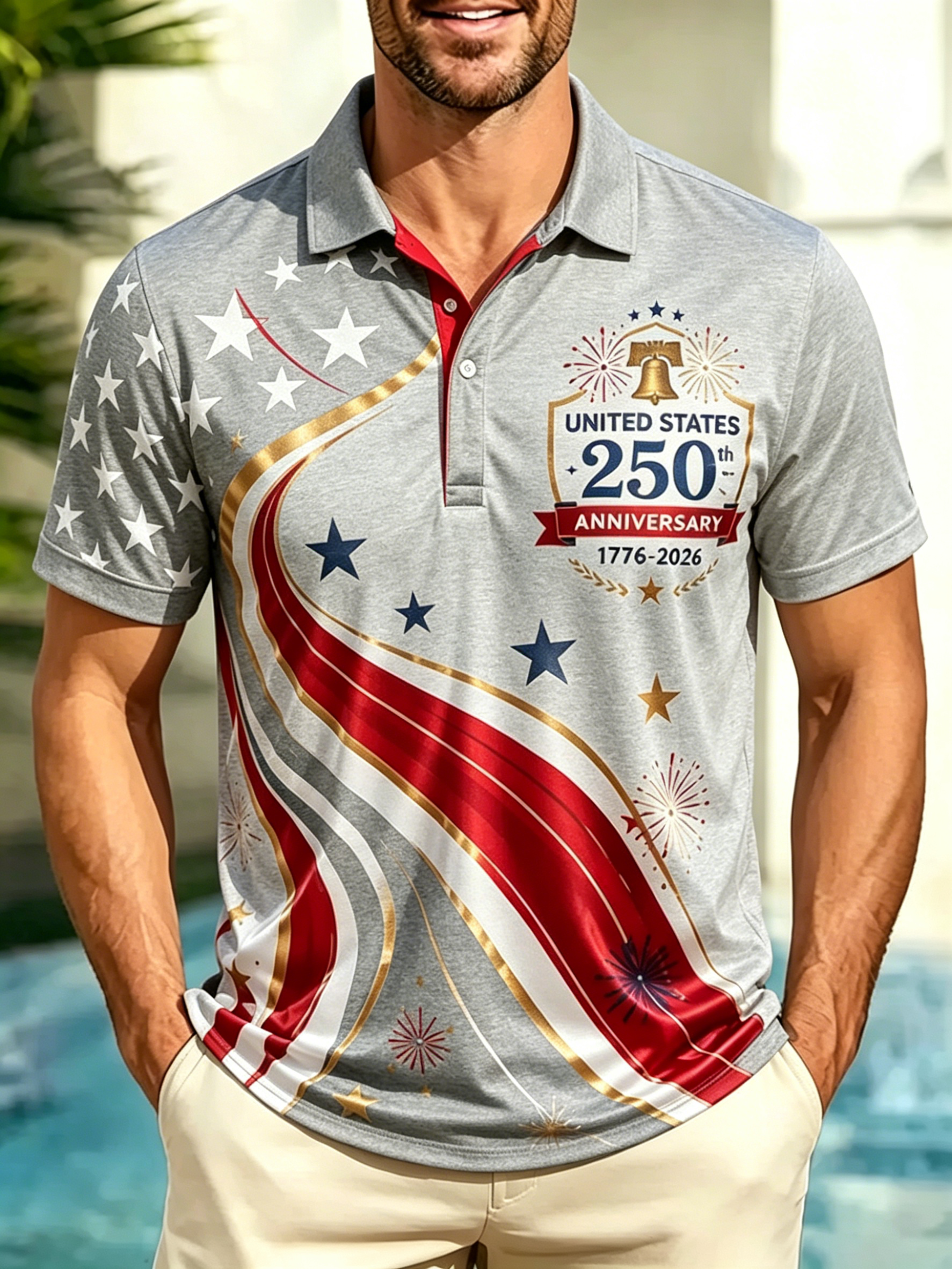 250th Liberty Bell Firework Wave Star Stripe Print Contrast Collar Golf Polo Shirt for Men