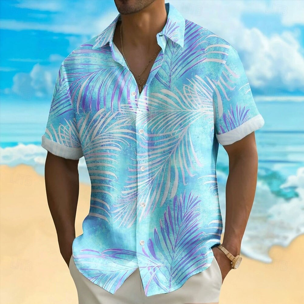 Pastel Gradient Palm Leaf Print Contrast Cuff Lapel Short Sleeve Hawaiian Vacation Shirt for Men