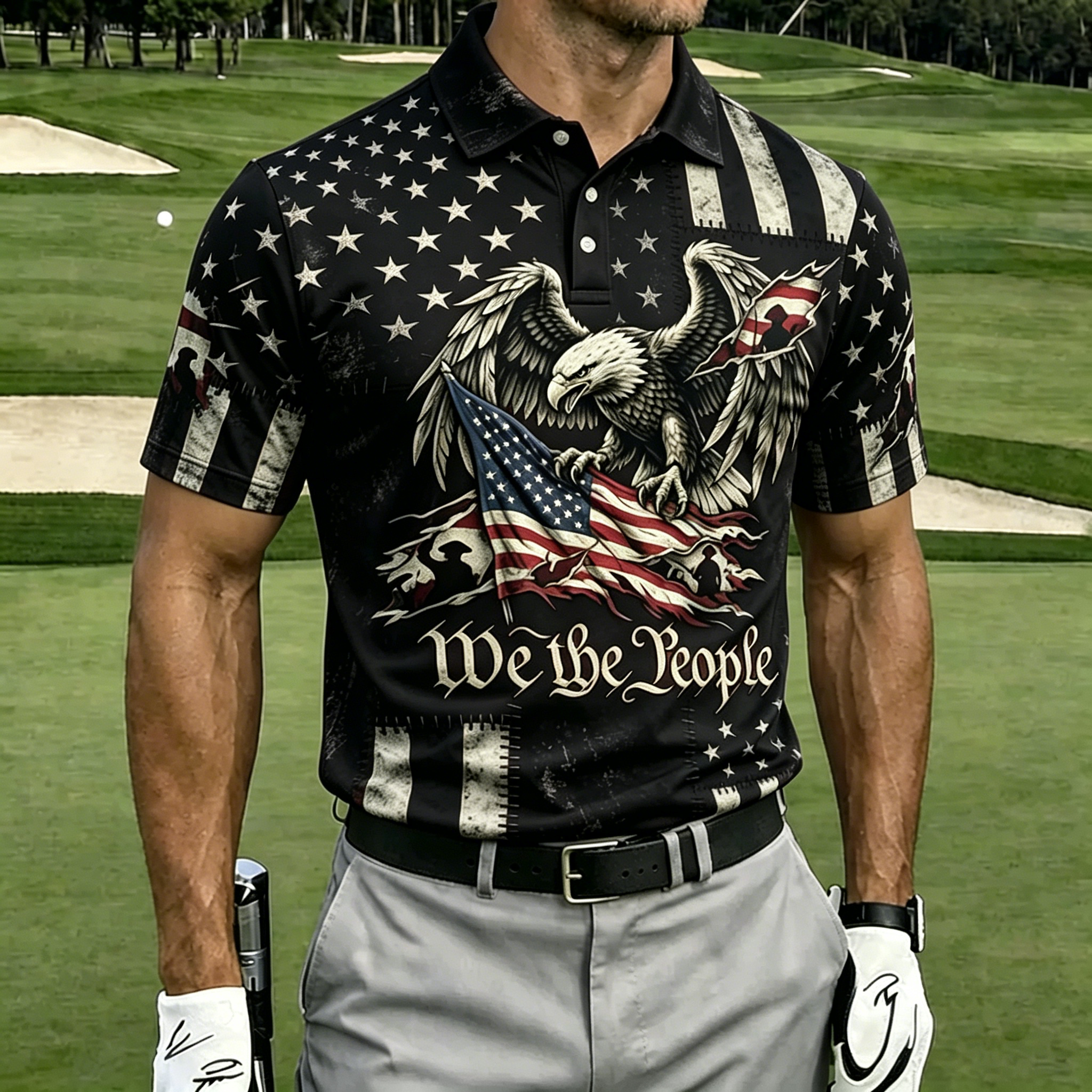 We The People Distressed Eagle Flag Full Print Black Collar Golf Polo Shirt for Men
