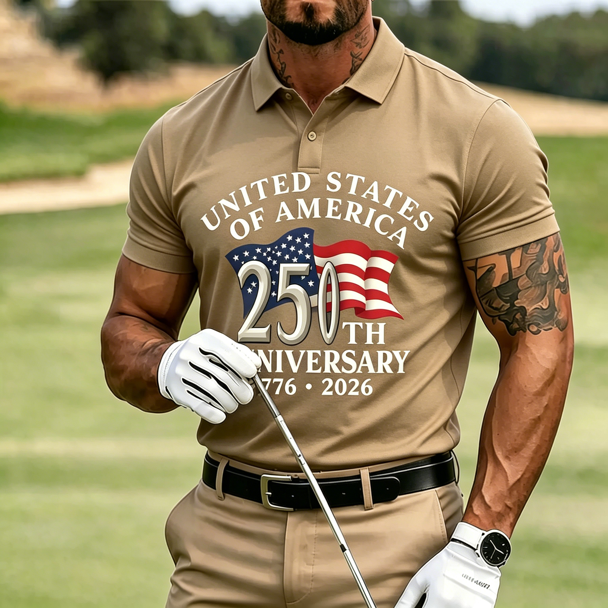 Vintage USA 250th Anniversary Flag Patriotic Print Turn-down Collar Breathable Men Casual Golf Polo Tee