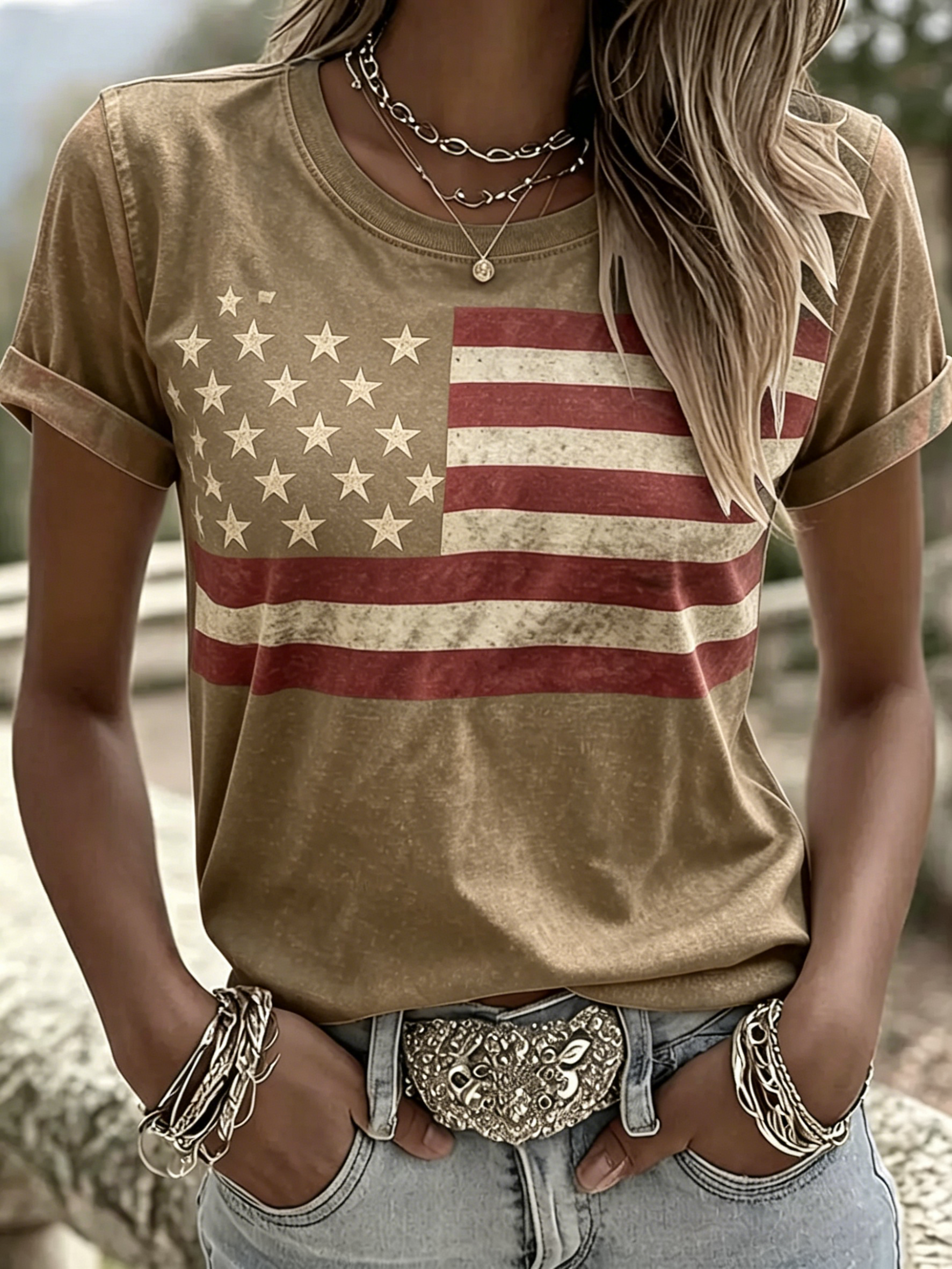 Distressed USA Flag Print Crew Neck Casual Roll Cuff Tee
