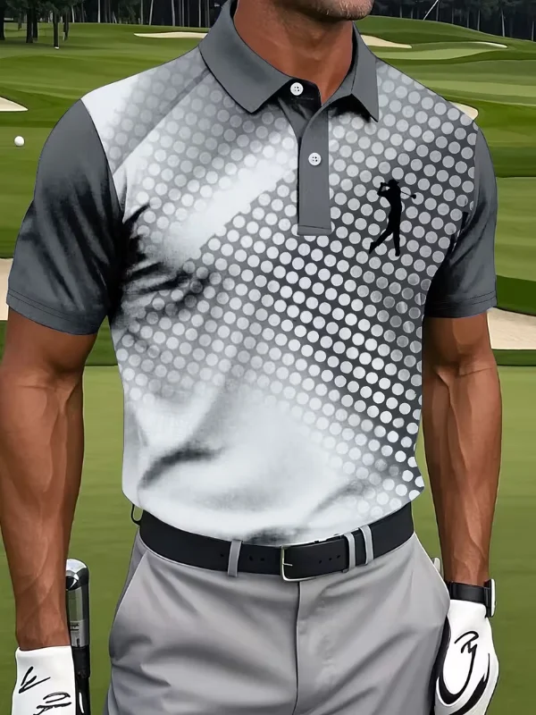 Men’s Collared Raglan Short Sleeve Gradient Dot Golfer Silhouette Print Performance Golf Polo Shirt