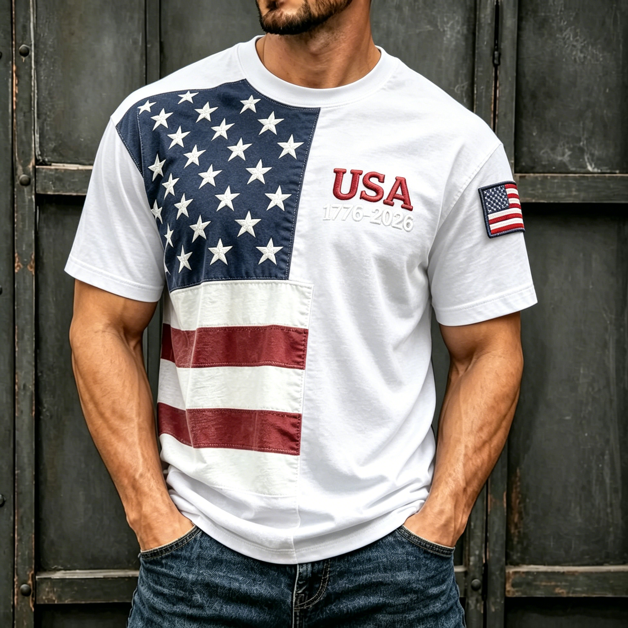Men’s Patriotic USA 1776-2026 Patchwork Star Stripe Flag Embroidery Crew Neck Short Sleeve T-Shirt