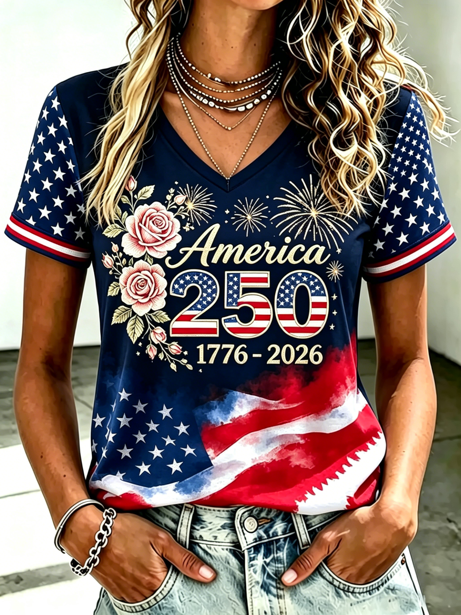 250th America Floral Star Sleeve V Neck Patriotic T-Shirt for Women