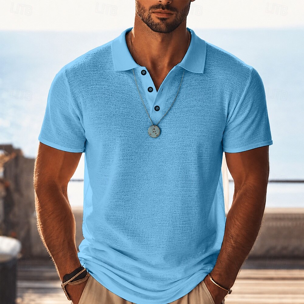 Waffle Knit Lapel Collar Short Sleeve Vacation Polo Shirt for Men