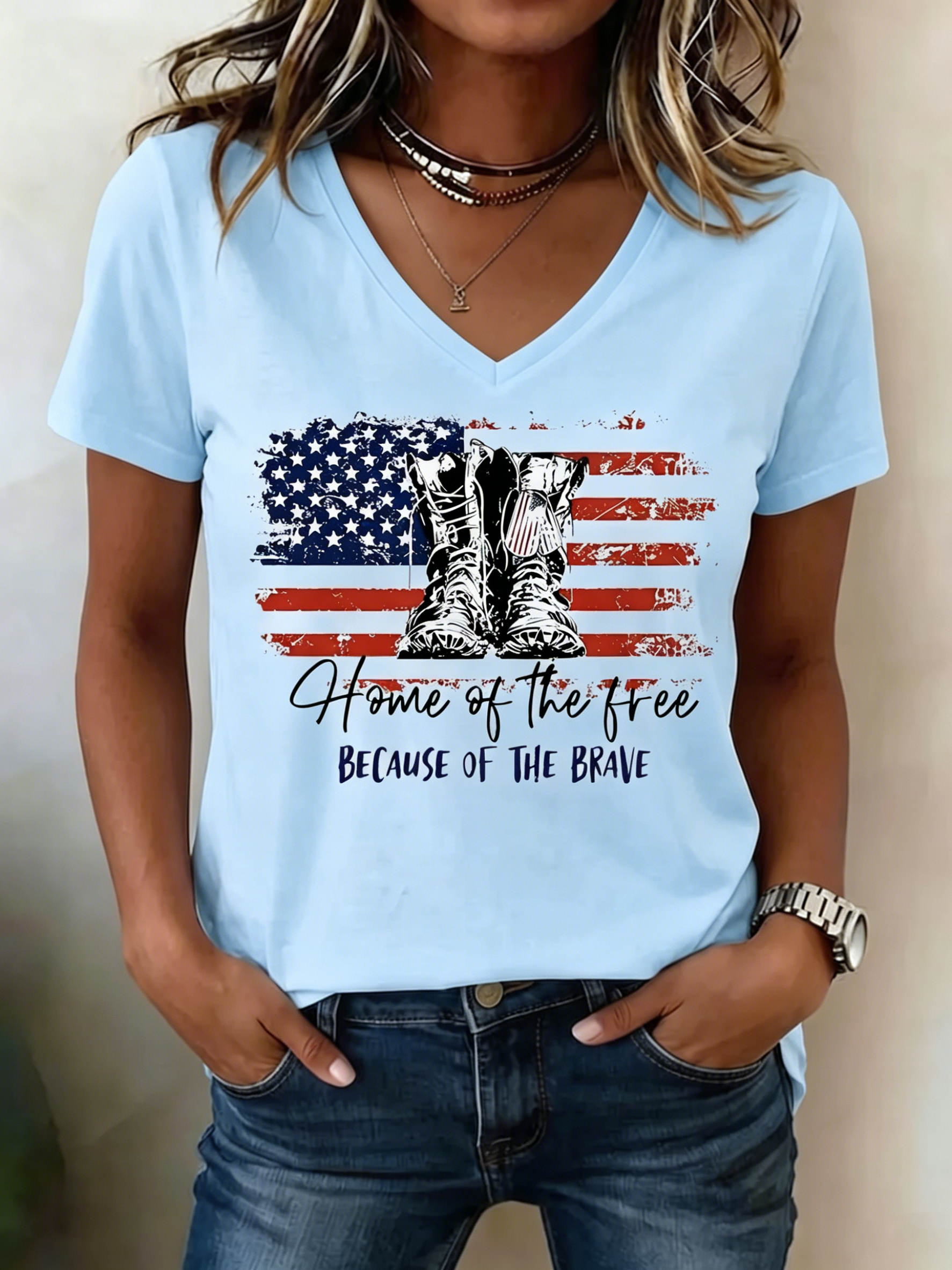 USA Flag Military Boot Home Of The Free Print V-Neck Casual Patriotic Short Sleeve Tee