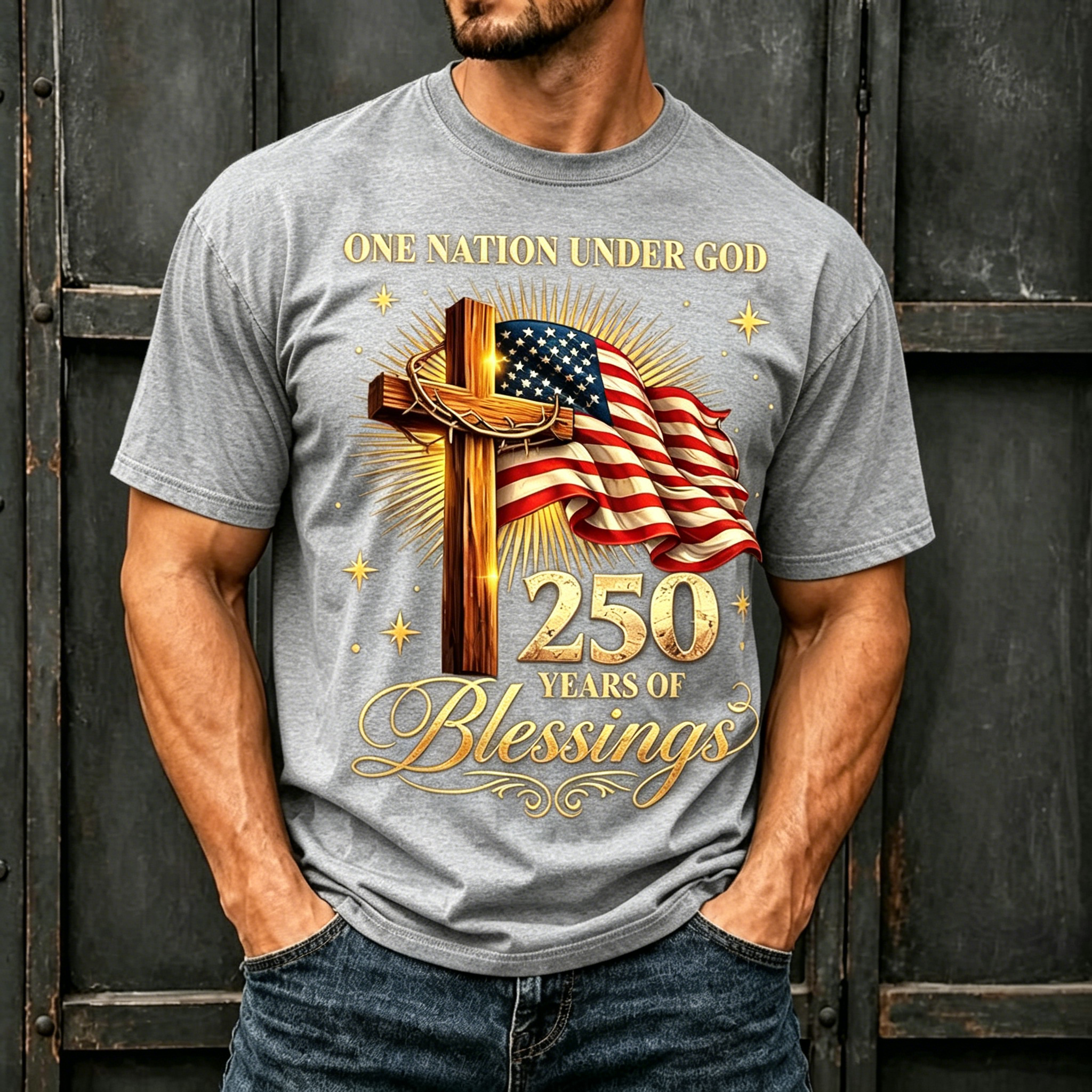 250 Years Blessings Cross Flag Faith Patriotic Crew Neck T-Shirt for Men