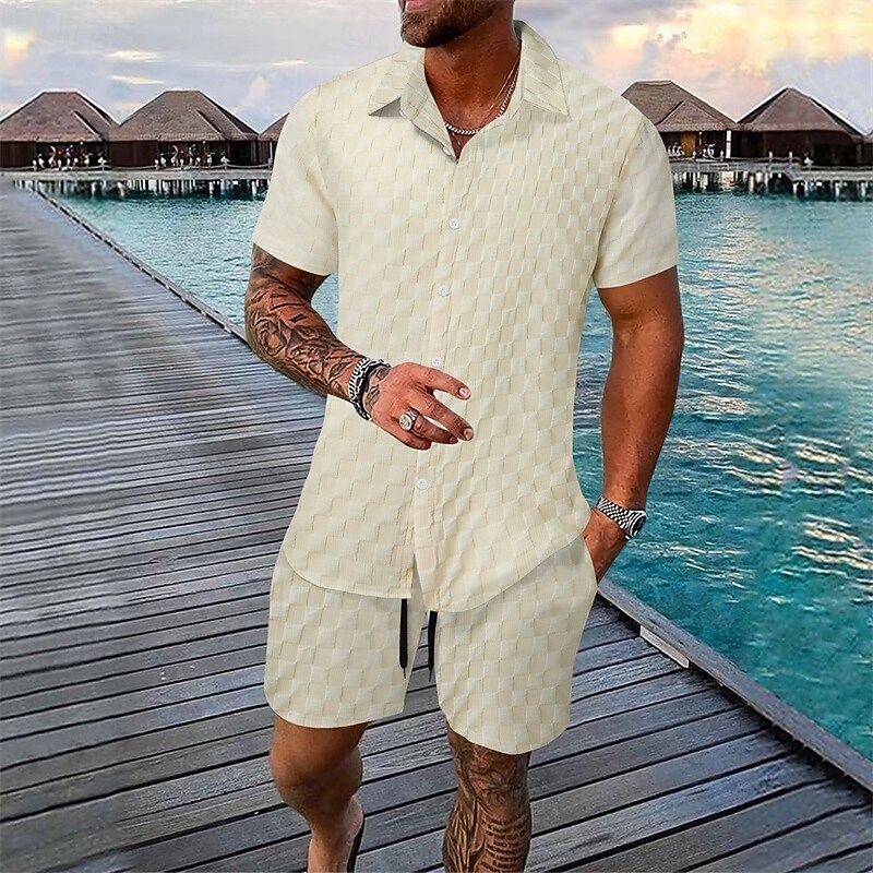 Grid Textured Matching Shirt Short Two Piece Vacation Set for Men
