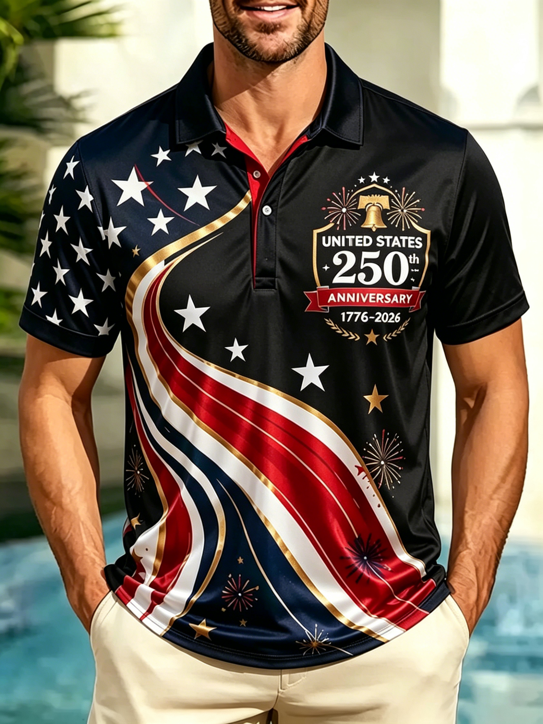 250th Liberty Bell Firework Wave Star Stripe Print Contrast Collar Golf Polo Shirt for Men