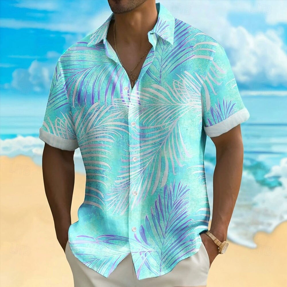 Pastel Gradient Palm Leaf Print Contrast Cuff Lapel Short Sleeve Hawaiian Vacation Shirt for Men