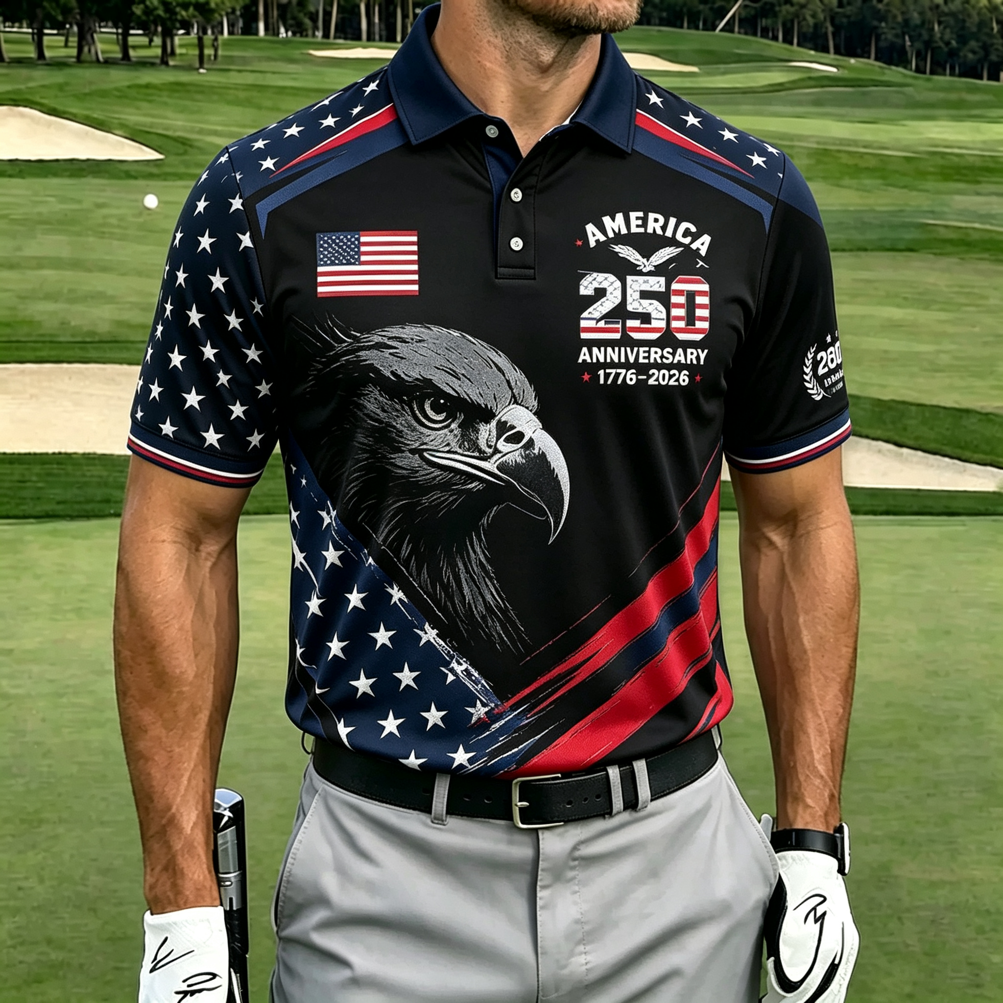 Gradient Star Stripe Flag Bald Eagle America Men Golf Polo