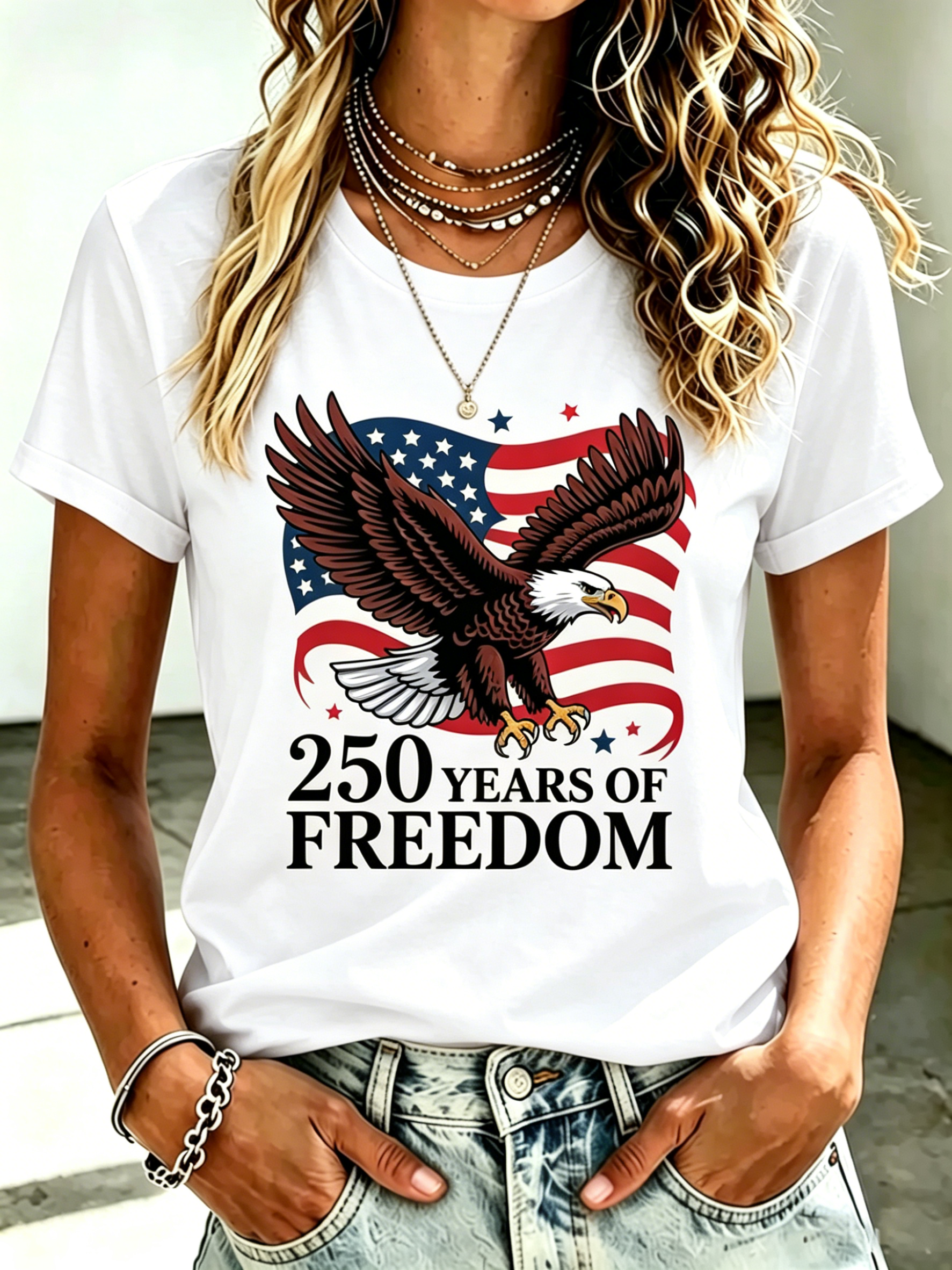 USA Independence Day Bald Eagle American Flag 250th Anniversary Print Oversized Crew Neck Women Casual Short Sleeve T-Shirt