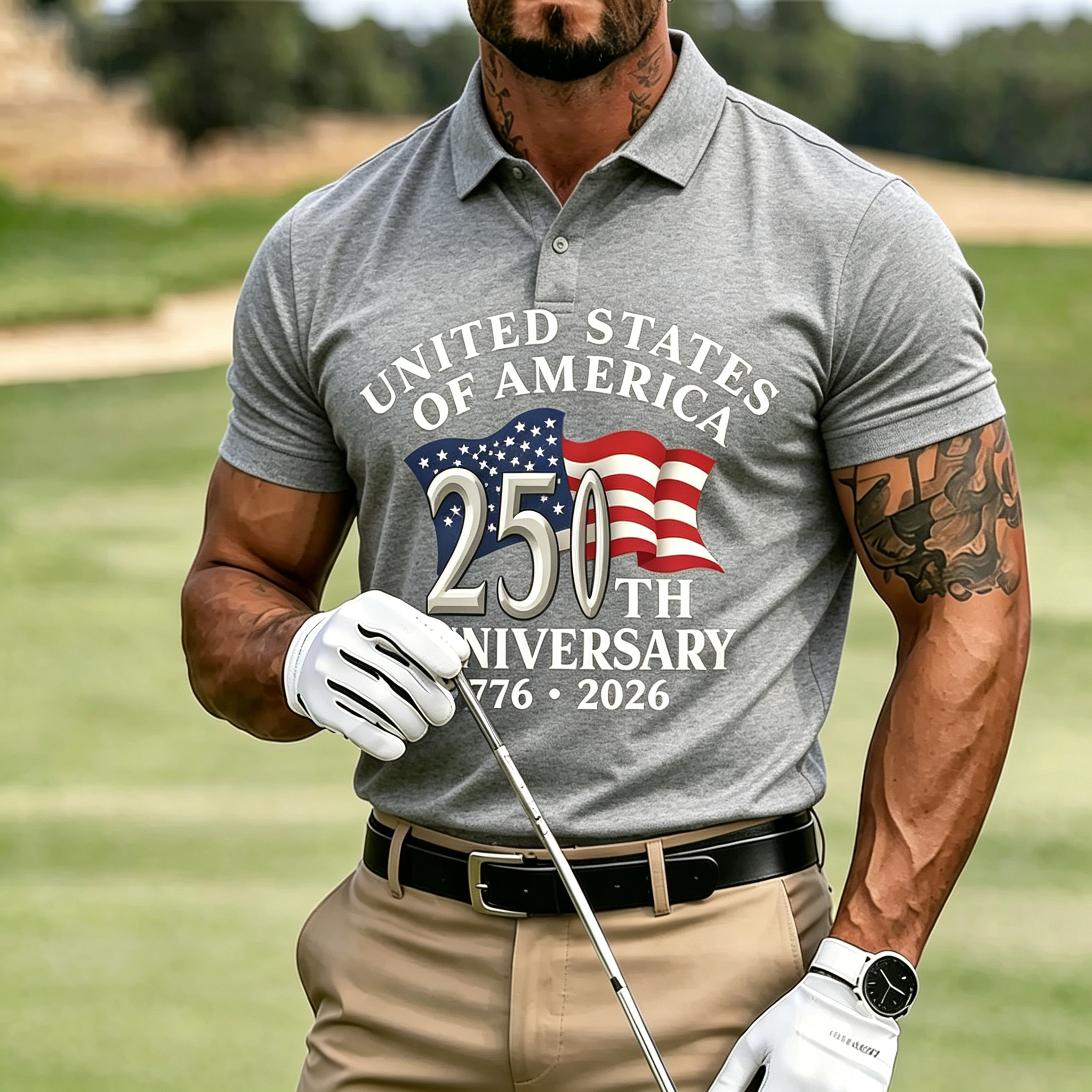 Vintage USA 250th Anniversary Flag Patriotic Print Turn-down Collar Breathable Men Casual Golf Polo Tee
