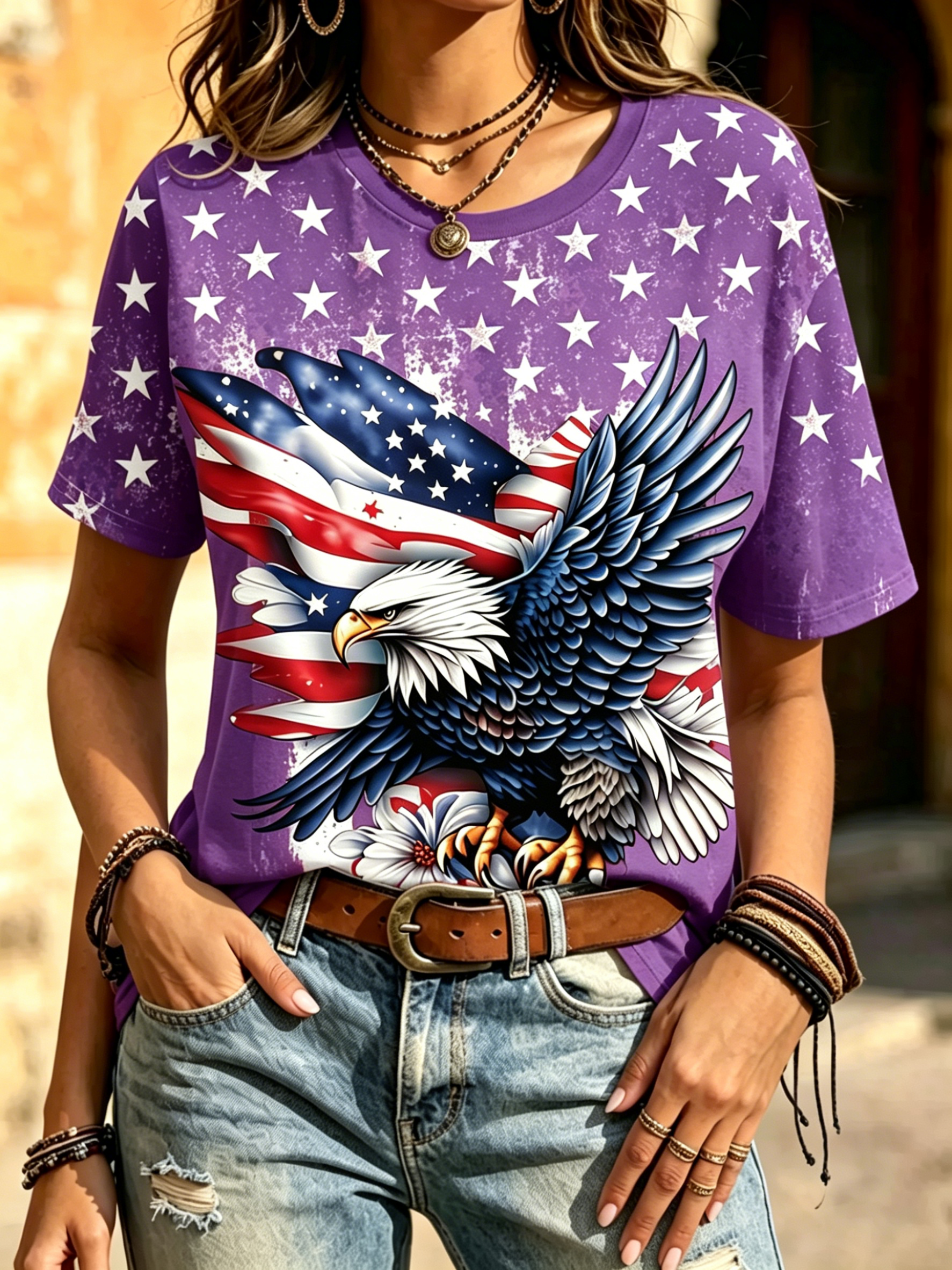 Patriotic Bald Eagle American Flag Print Crew Neck Short Sleeve Casual T-Shirt for Women