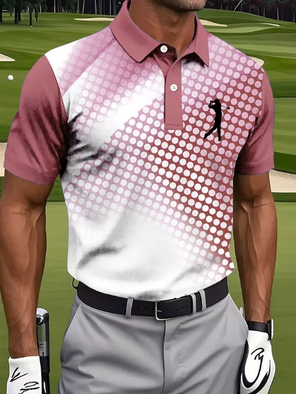 Men’s Collared Raglan Short Sleeve Gradient Dot Golfer Silhouette Print Performance Golf Polo Shirt