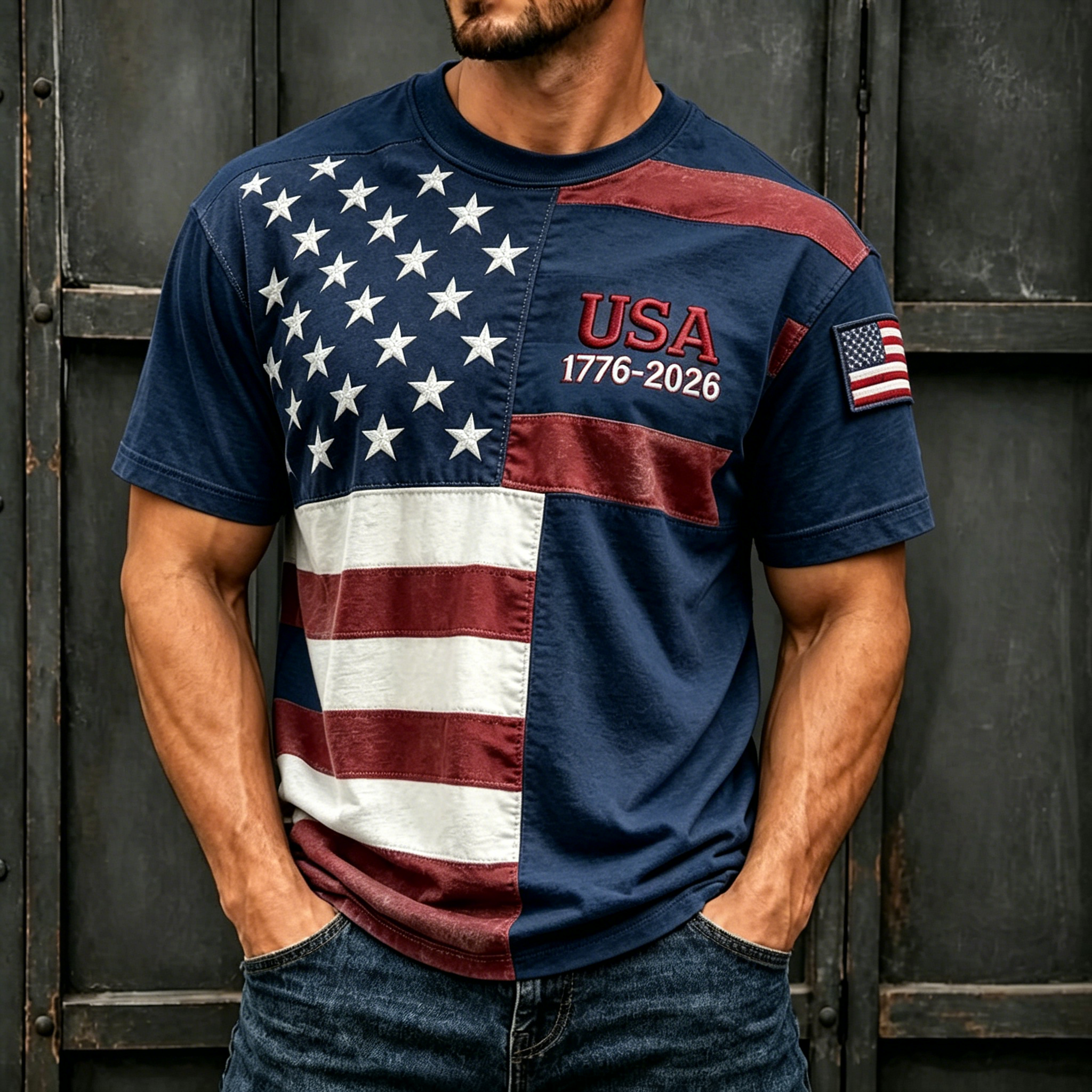 Men’s Patriotic USA 1776-2026 Patchwork Star Stripe Flag Embroidery Crew Neck Short Sleeve T-Shirt