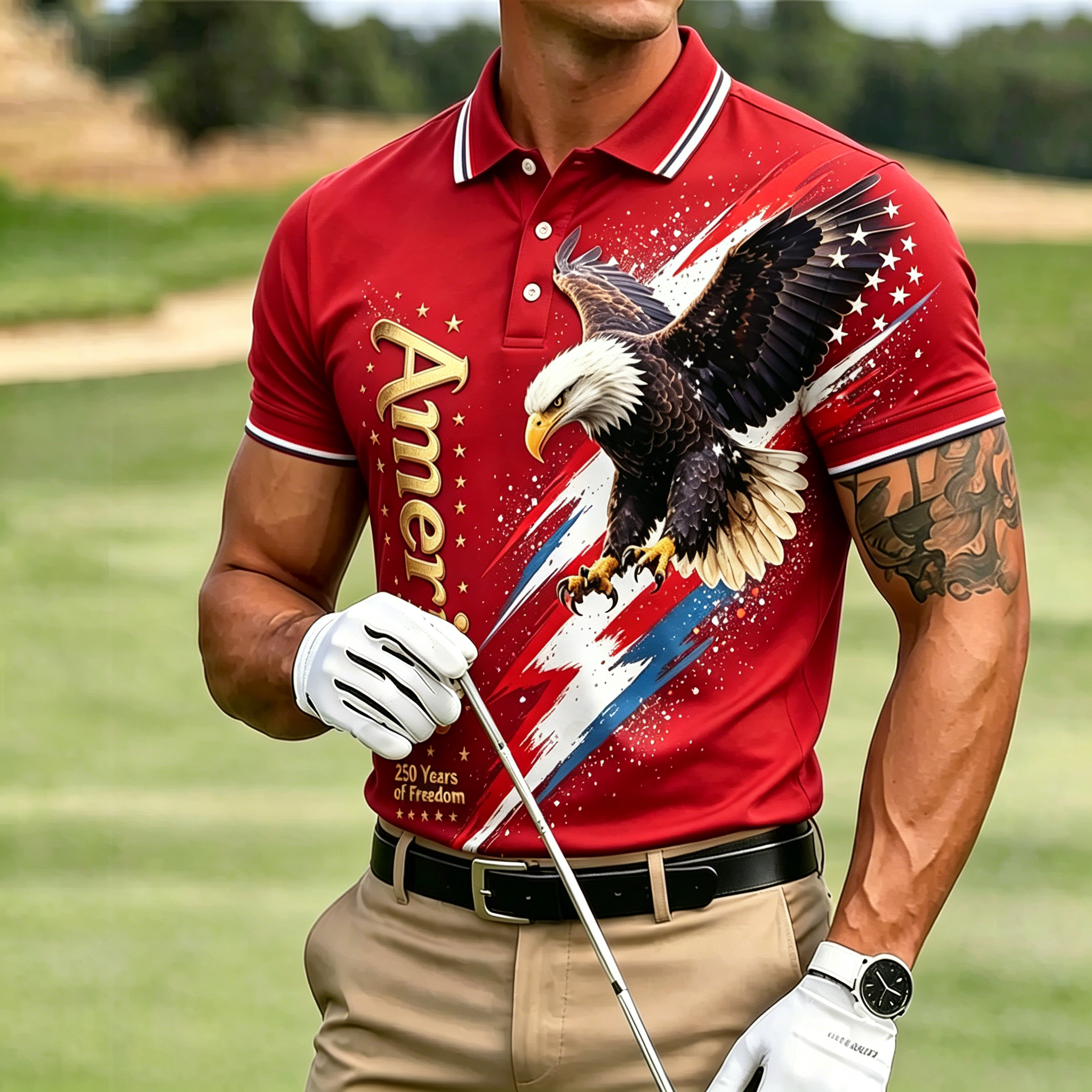 USA Star Sleeve Badge Print Crew Neck Patriotic T-Shirt for Men