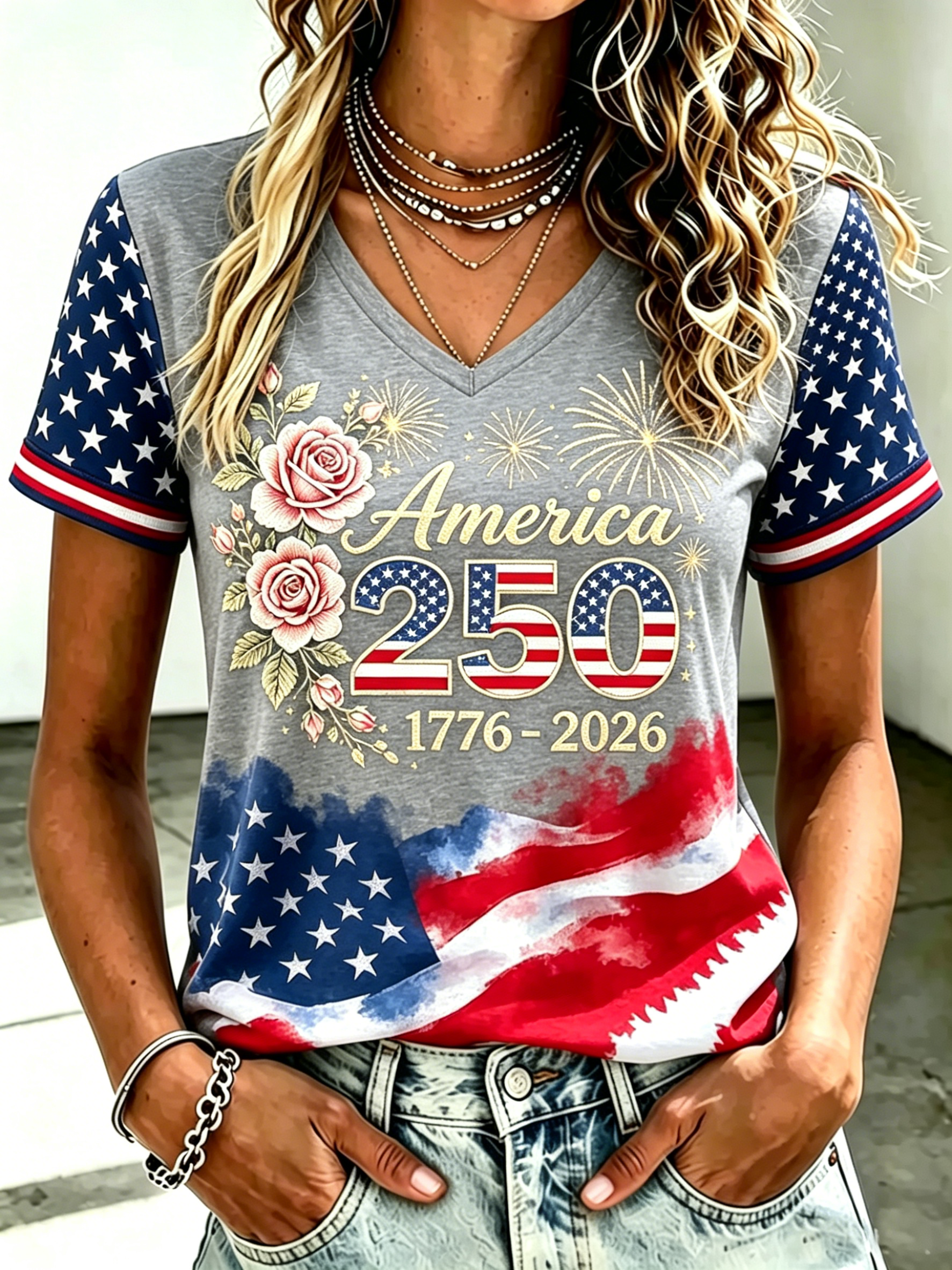 250th America Floral Star Sleeve V Neck Patriotic T-Shirt for Women