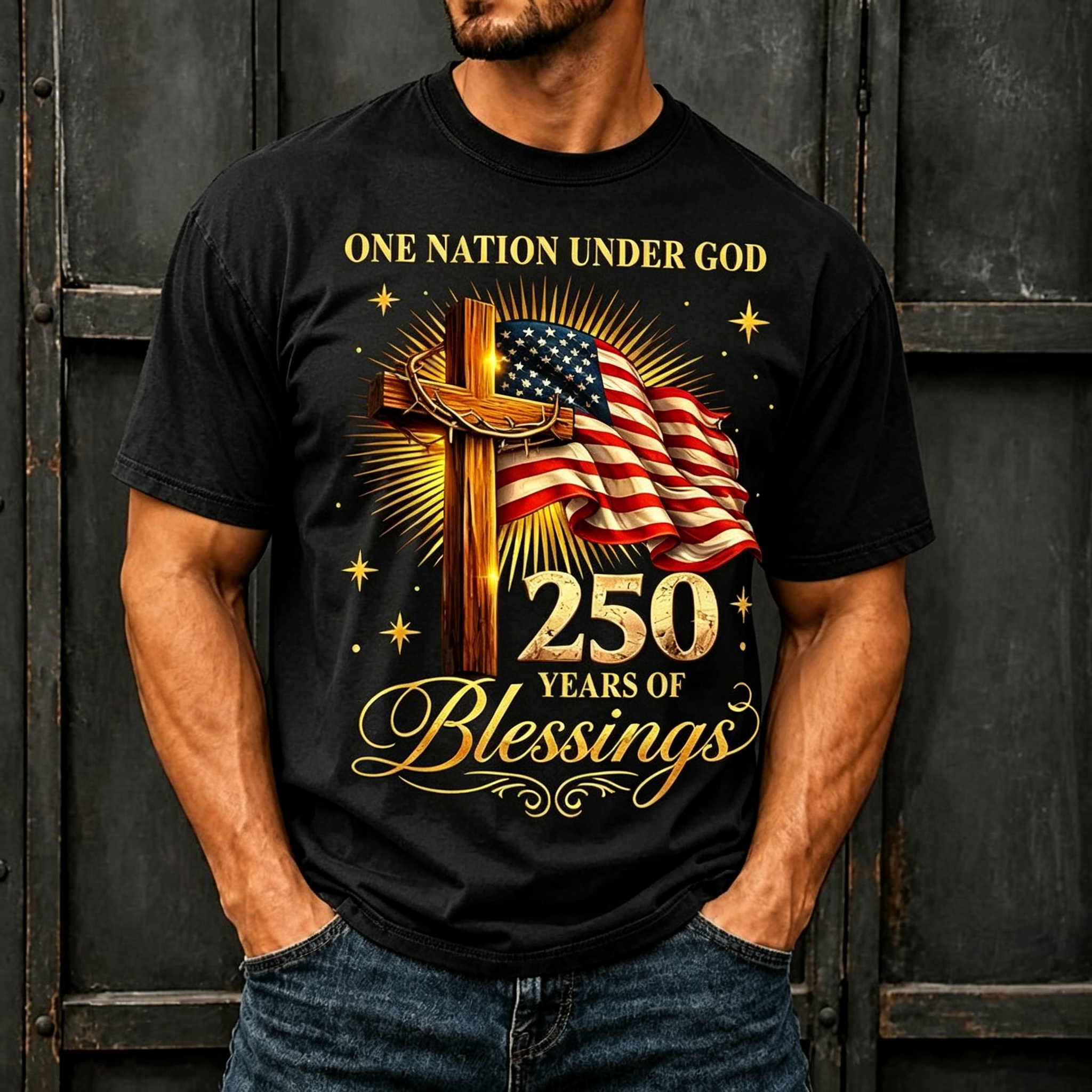 250 Years Blessings Cross Flag Faith Patriotic Crew Neck T-Shirt for Men