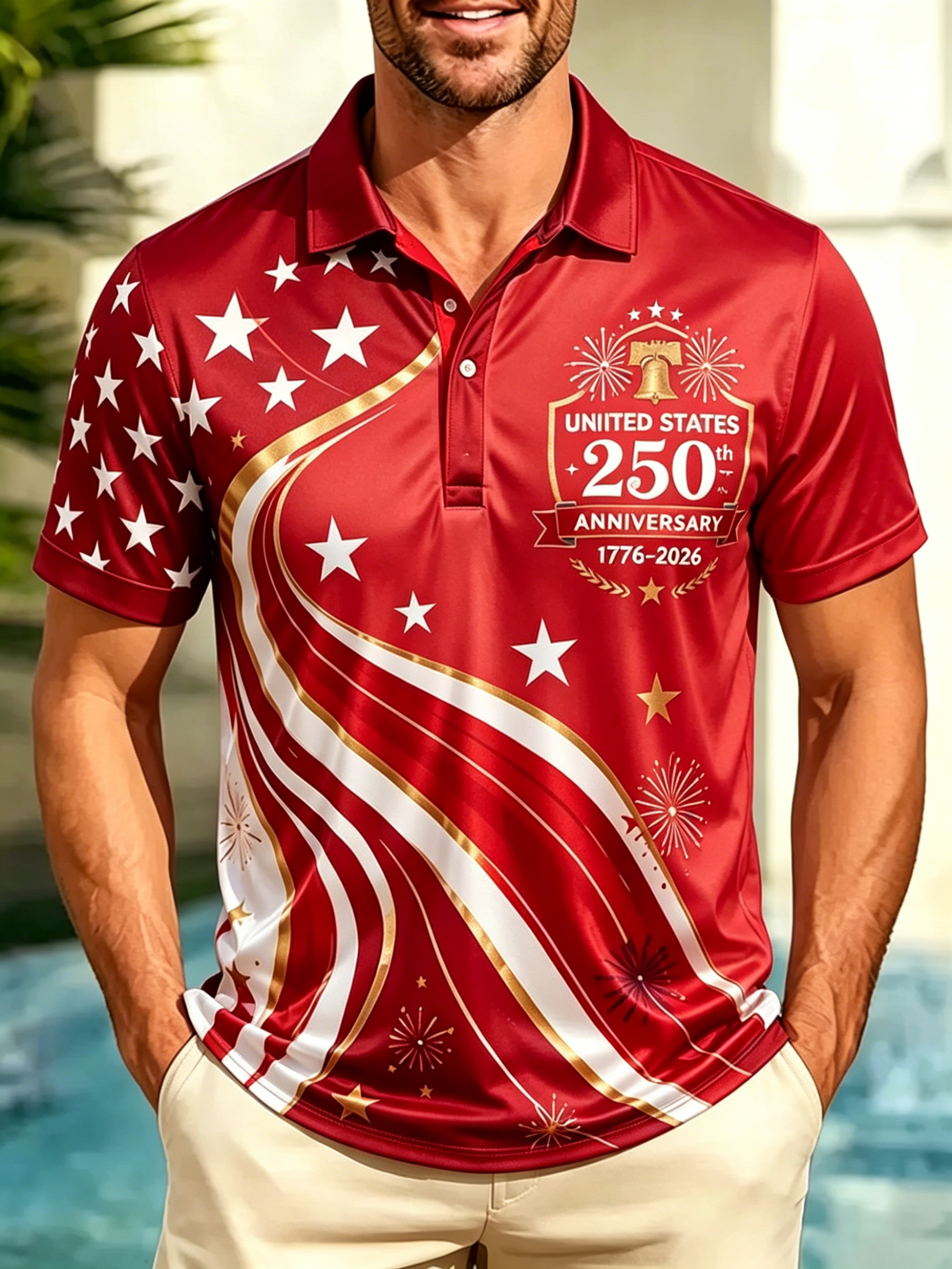 250th Liberty Bell Firework Wave Star Stripe Print Contrast Collar Golf Polo Shirt for Men