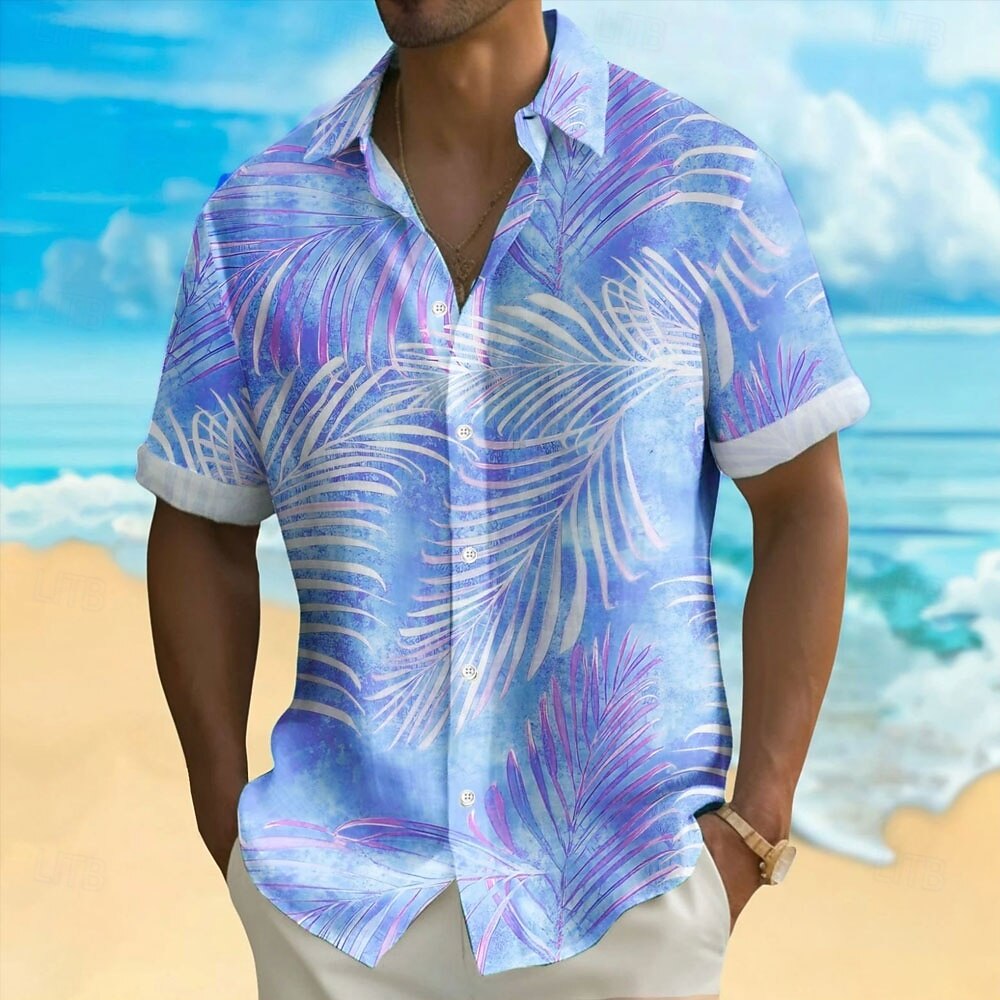 Pastel Gradient Palm Leaf Print Contrast Cuff Lapel Short Sleeve Hawaiian Vacation Shirt for Men