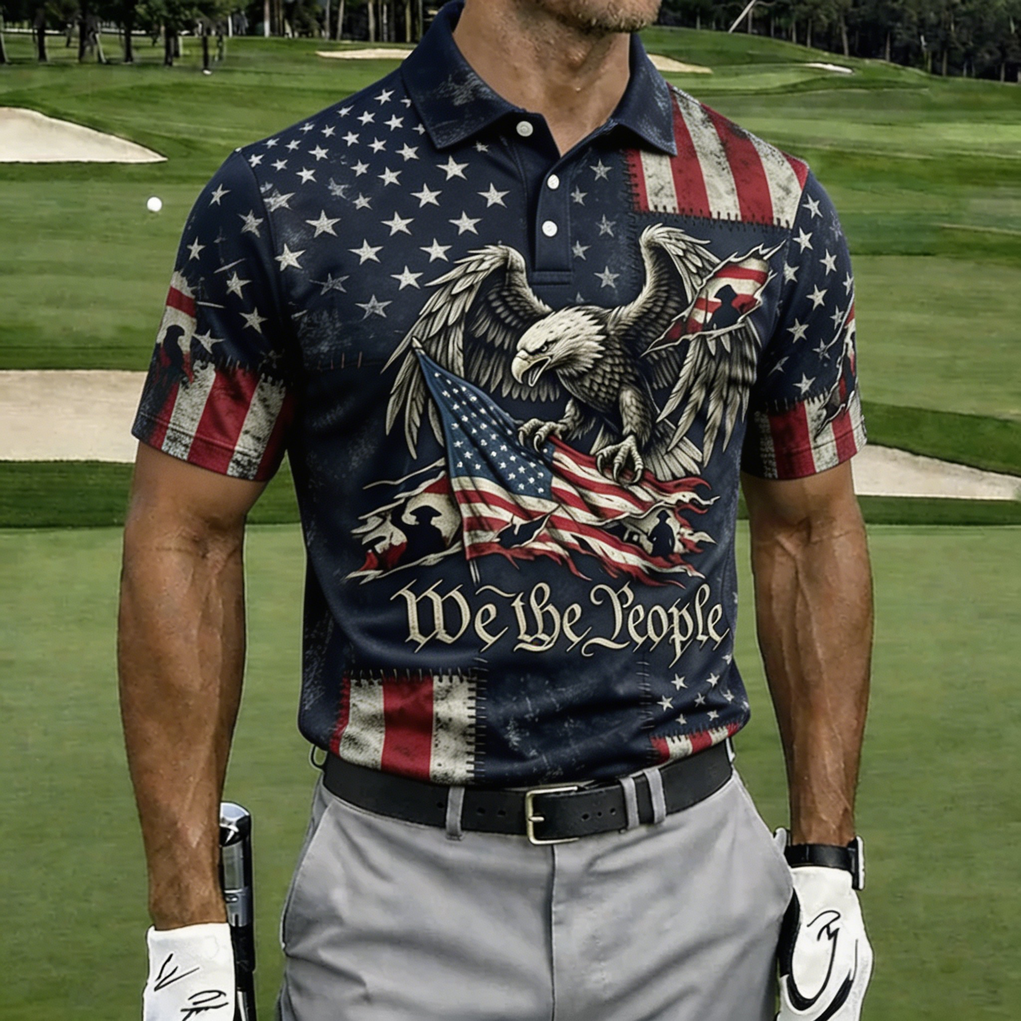 We The People Distressed Eagle Flag Full Print Black Collar Golf Polo Shirt for Men