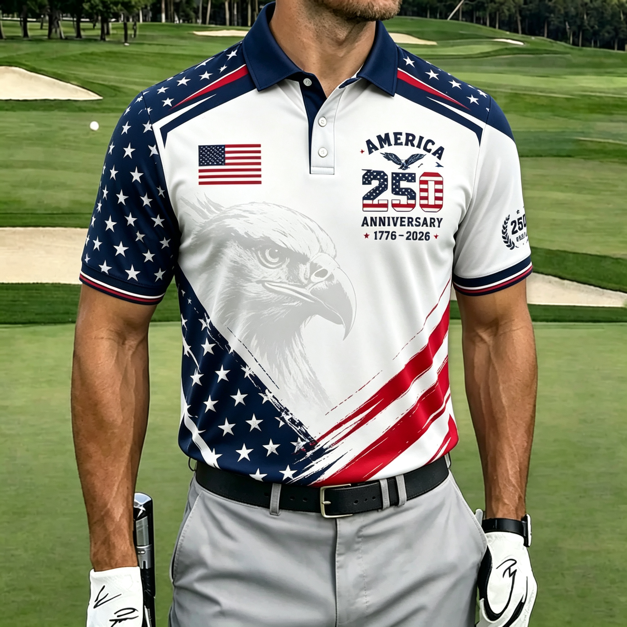 Gradient Star Stripe Flag Bald Eagle America Men Golf Polo