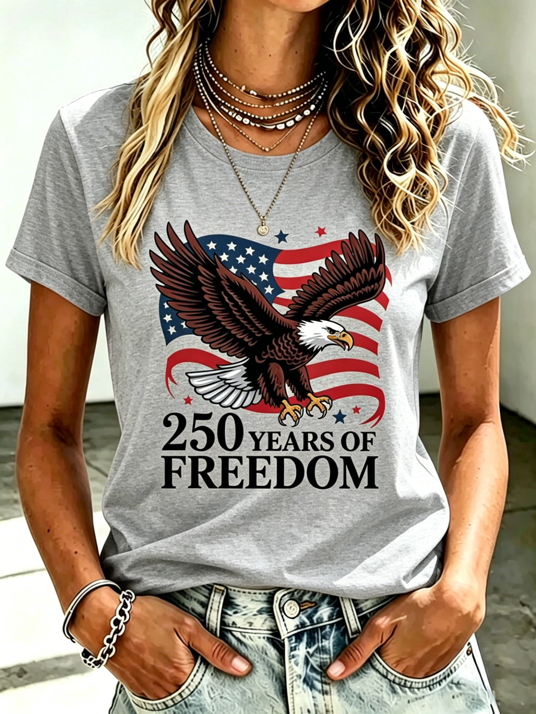 USA Independence Day Bald Eagle American Flag 250th Anniversary Print Oversized Crew Neck Women Casual Short Sleeve T-Shirt