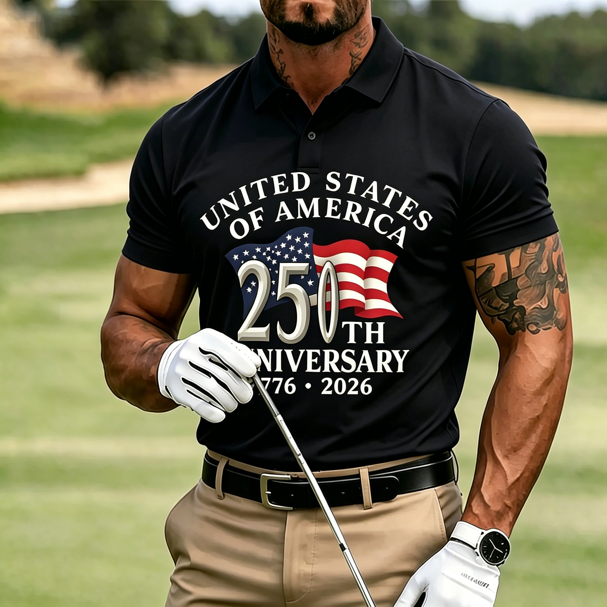 Vintage USA 250th Anniversary Flag Patriotic Print Turn-down Collar Breathable Men Casual Golf Polo Tee