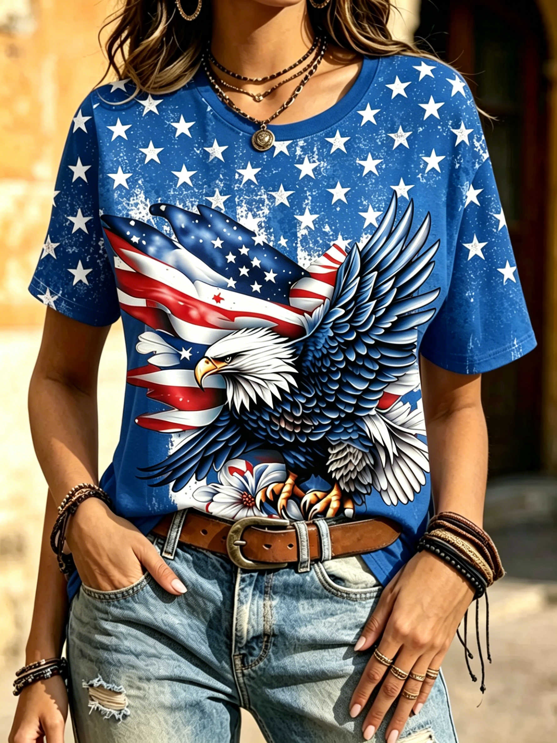 Patriotic Bald Eagle American Flag Print Crew Neck Short Sleeve Casual T-Shirt for Women
