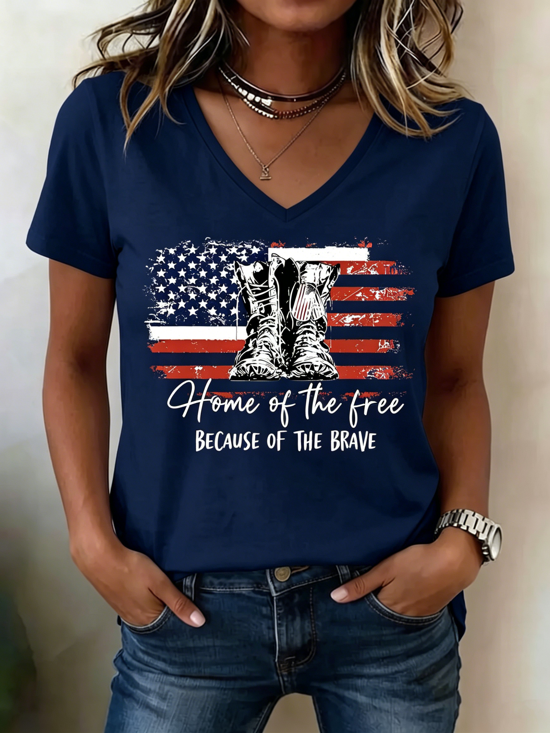 USA Flag Military Boot Home Of The Free Print V-Neck Casual Patriotic Short Sleeve Tee