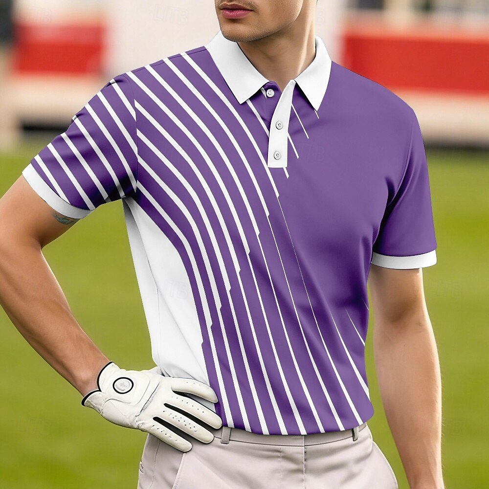 Curved Diagonal Stripe Color Block Contrast Collar Golf Polo Shirt for Men