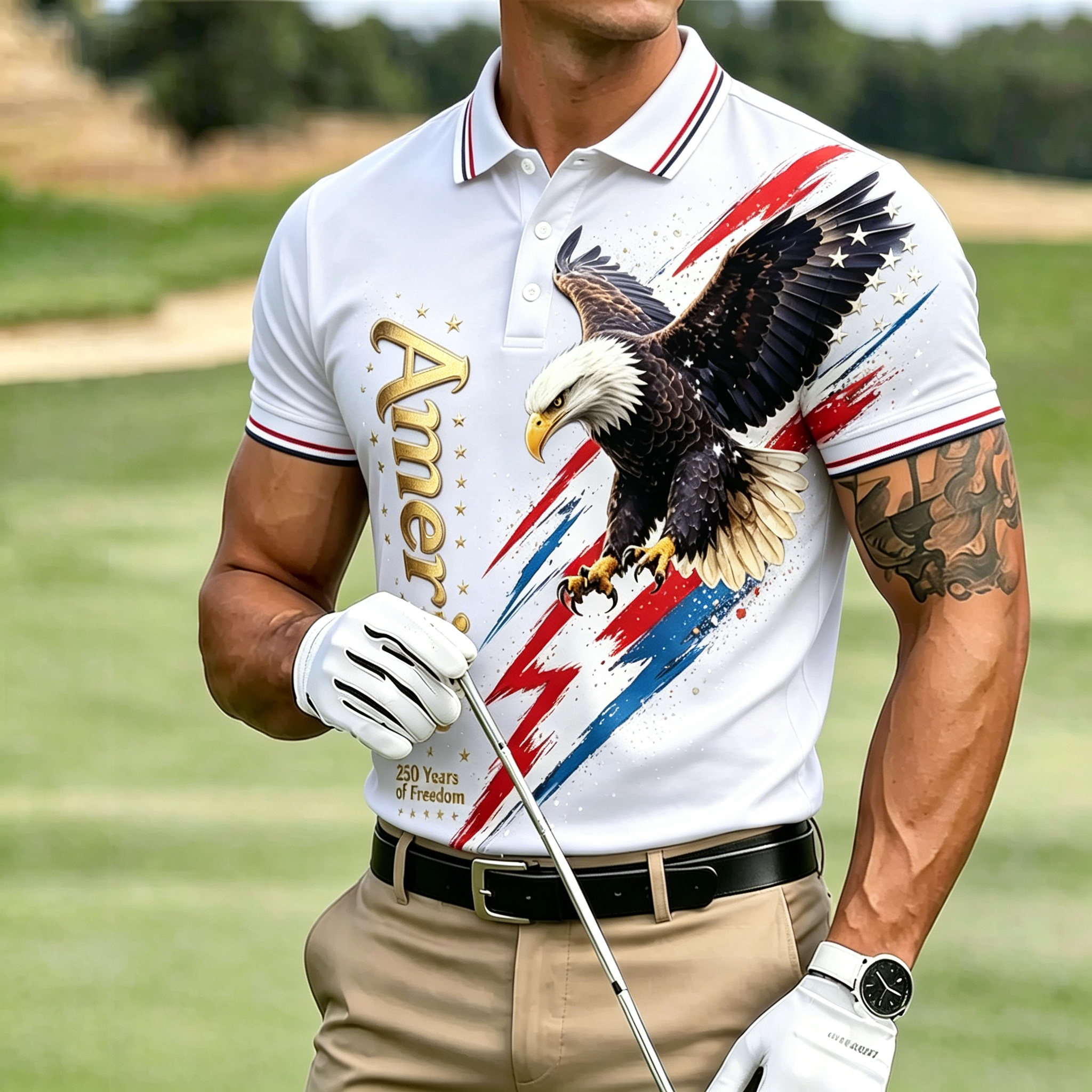 USA Star Sleeve Badge Print Crew Neck Patriotic T-Shirt for Men