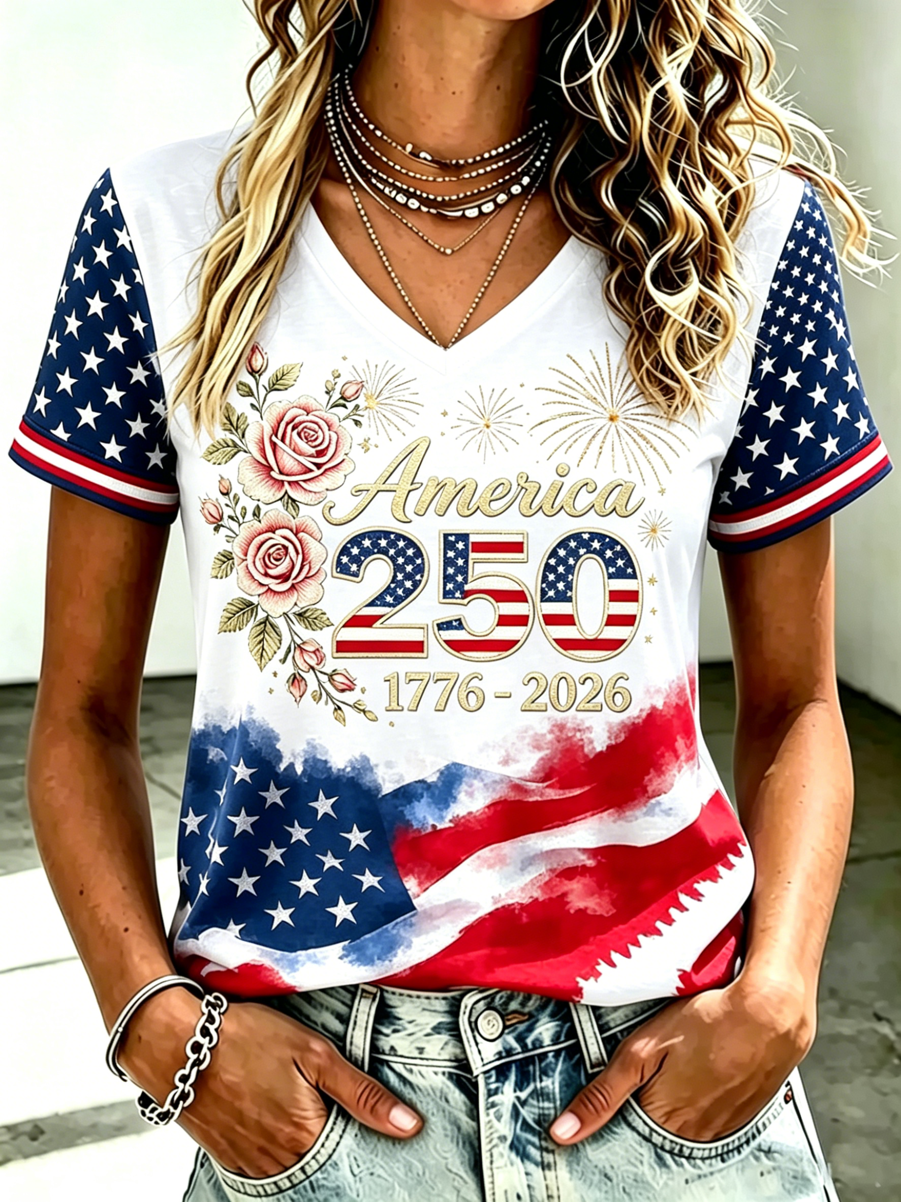 250th America Floral Star Sleeve V Neck Patriotic T-Shirt for Women